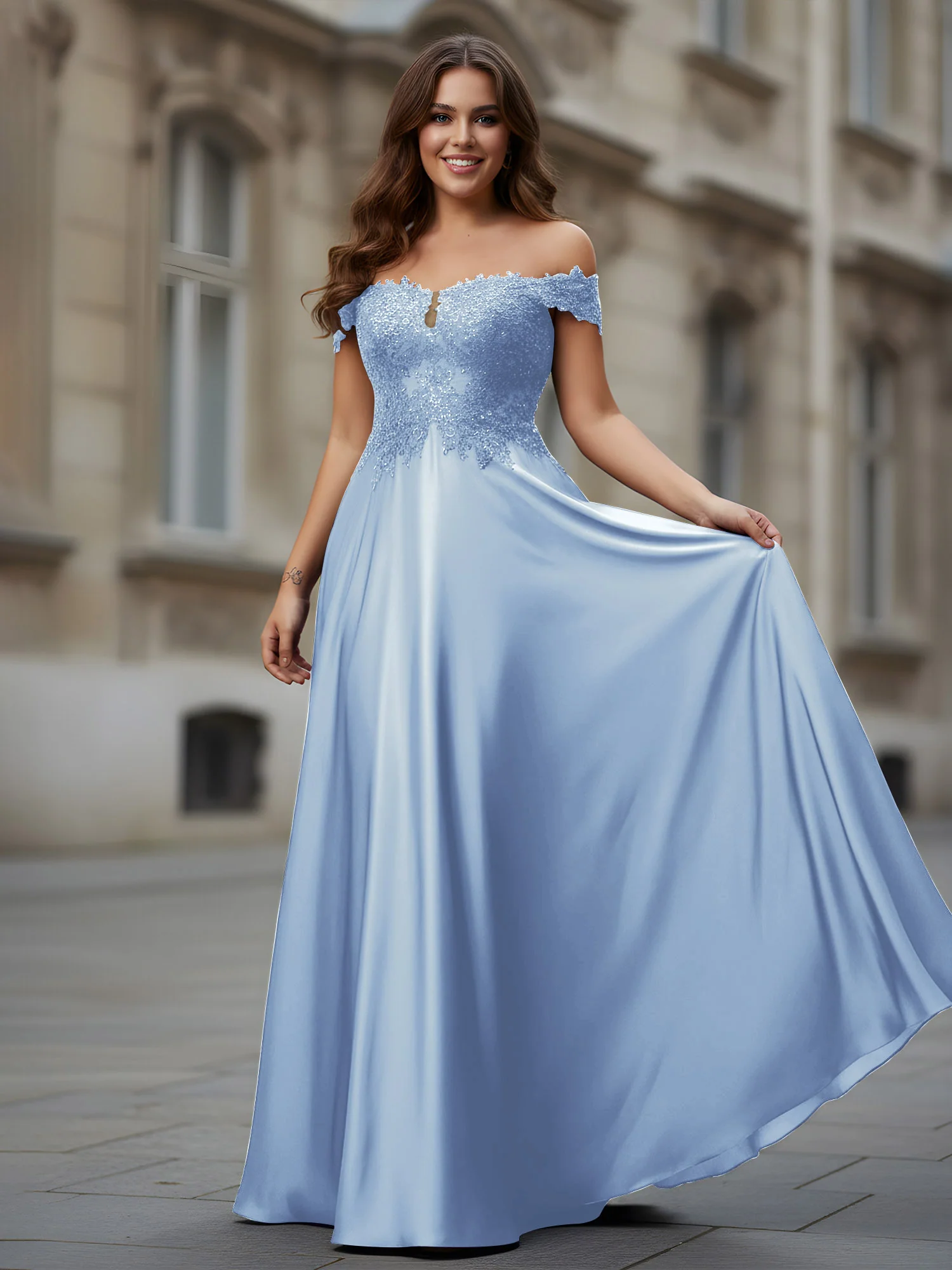 Off-the-shoulder Applique Bodice A-Line Long Dress Sky Blue