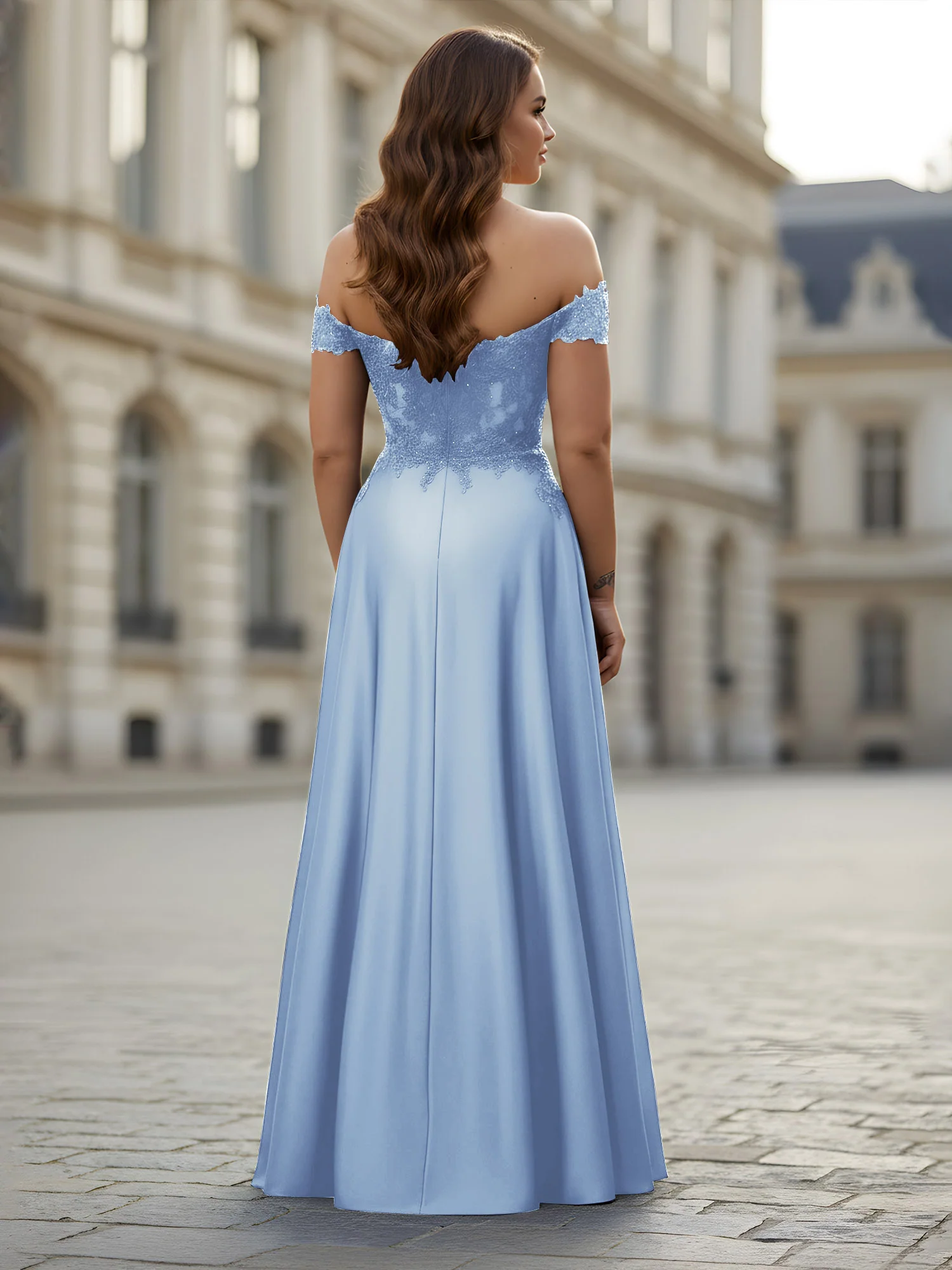 Off-the-shoulder Applique Bodice A-Line Long Dress Sky Blue - Image 2