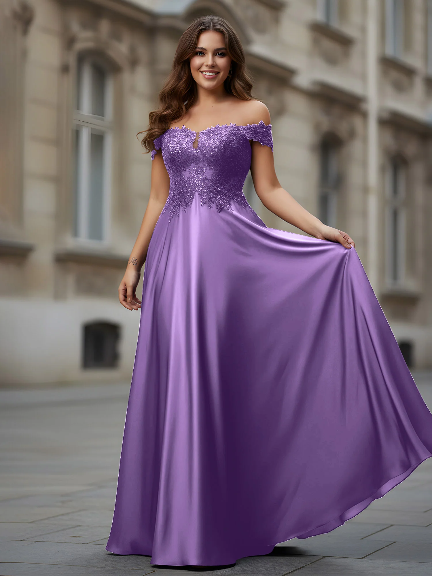 Off-the-shoulder Applique Bodice A-Line Long Dress Tahiti