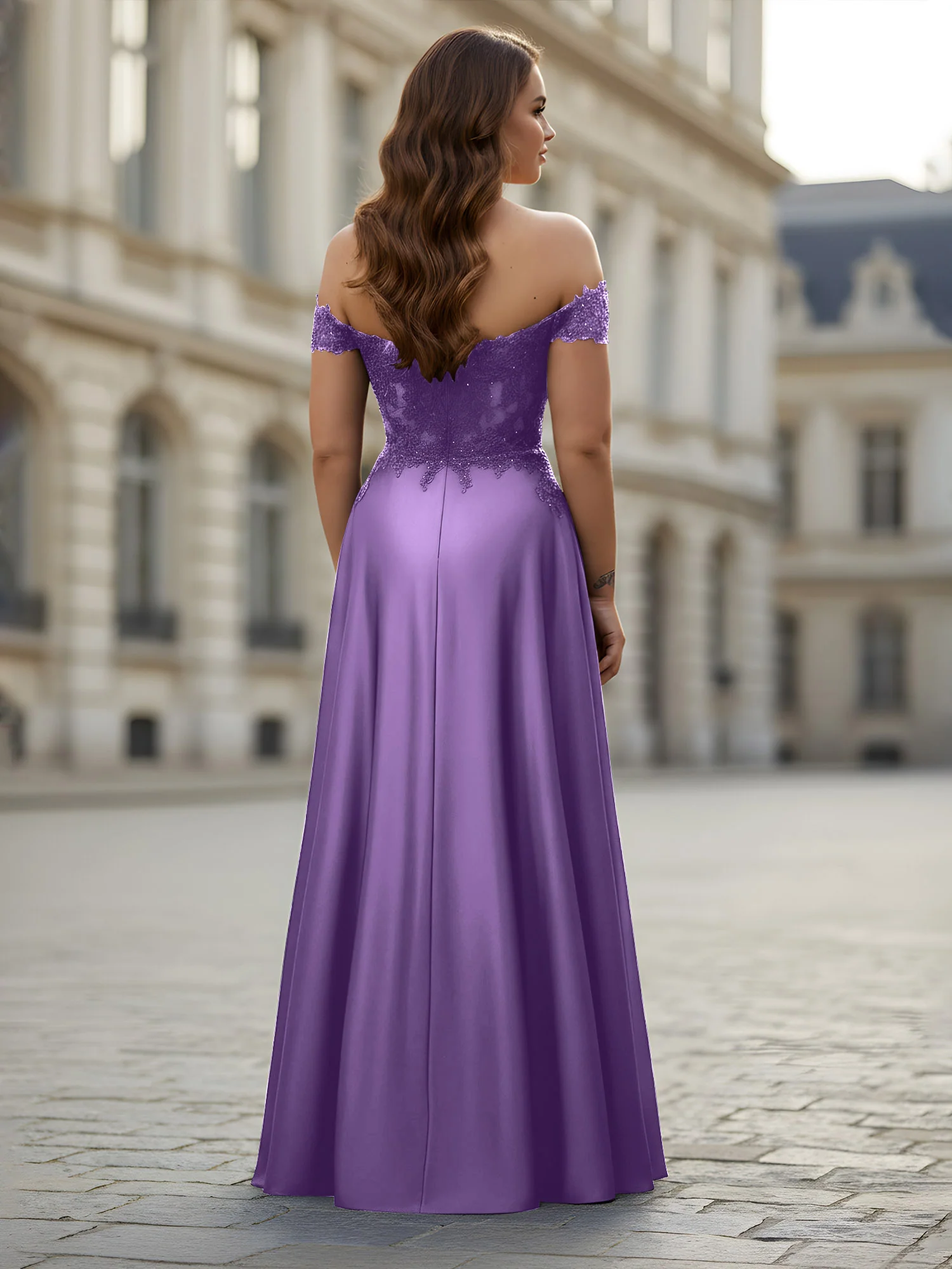 Off-the-shoulder Applique Bodice A-Line Long Dress Tahiti - Image 2