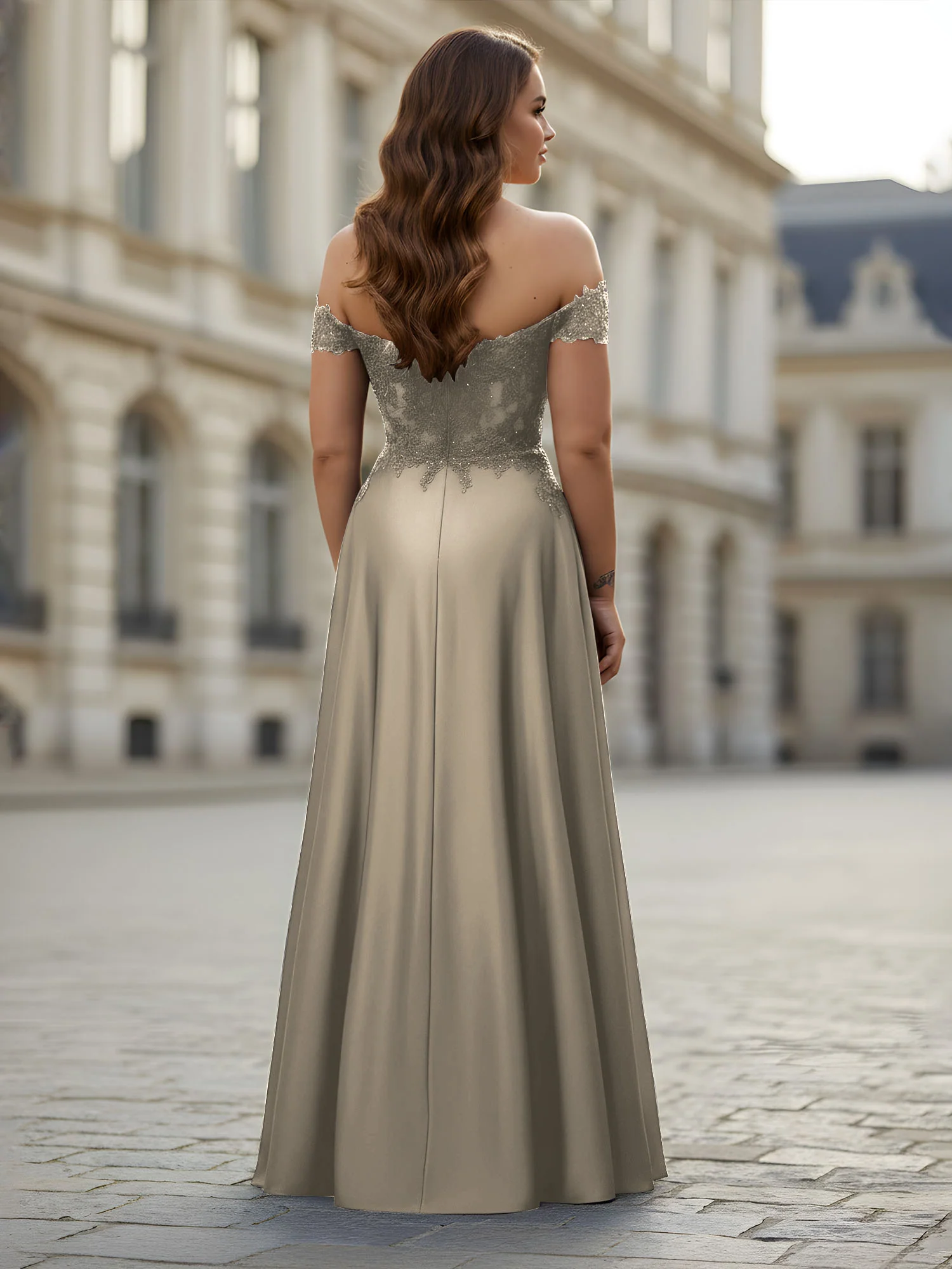 Off-the-shoulder Applique Bodice A-Line Long Dress Taupe - Image 2
