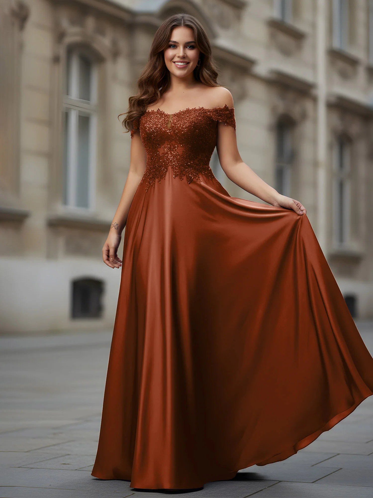 Off-the-shoulder Applique Bodice A-Line Long Dress Terracotta