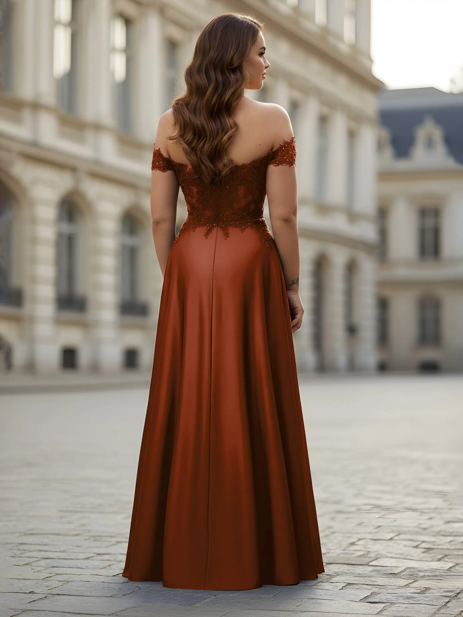 Off-the-shoulder Applique Bodice A-Line Long Dress Terracotta - Image 2