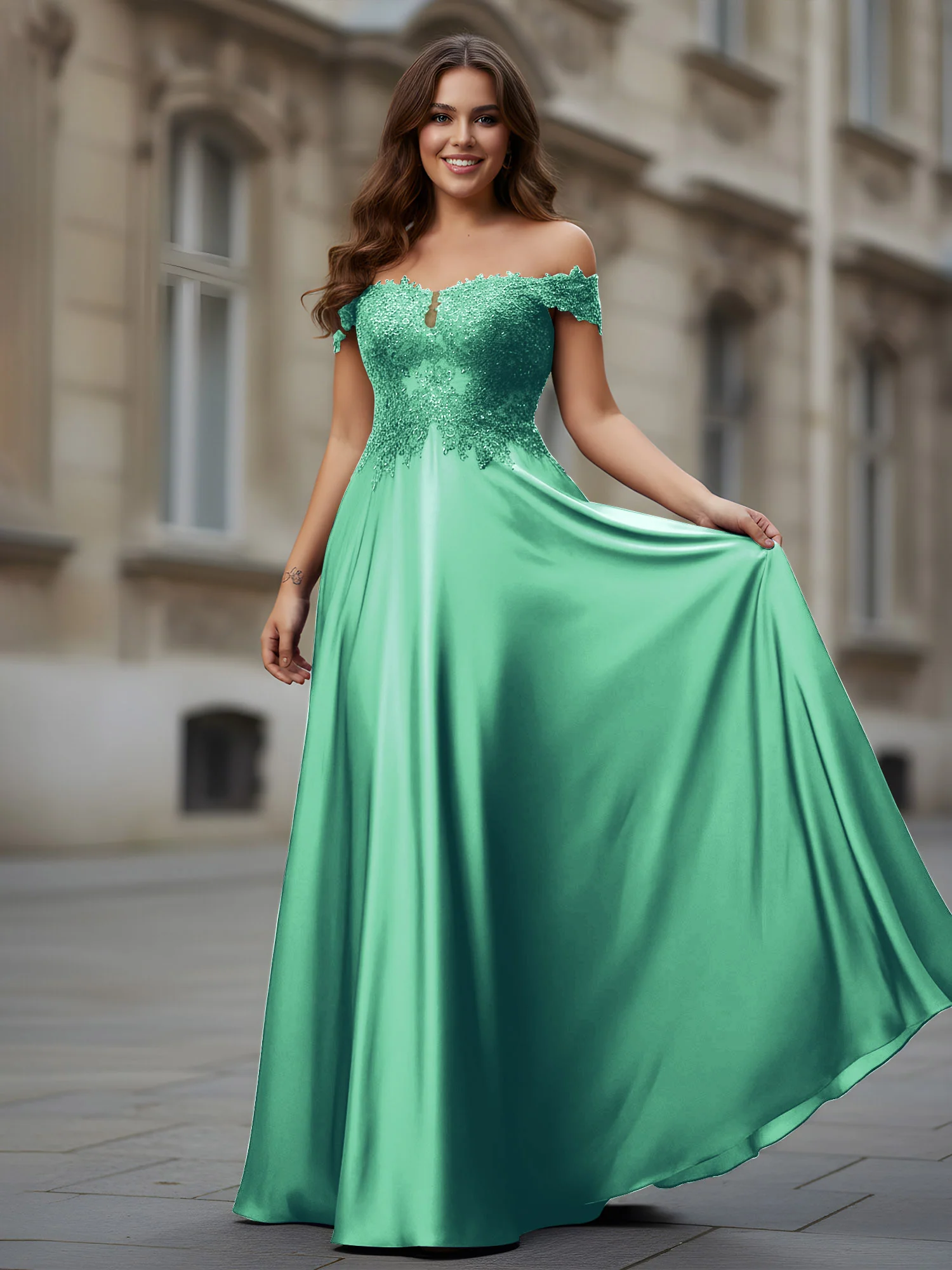 Off-the-shoulder Applique Bodice A-Line Long Dress Turquoise