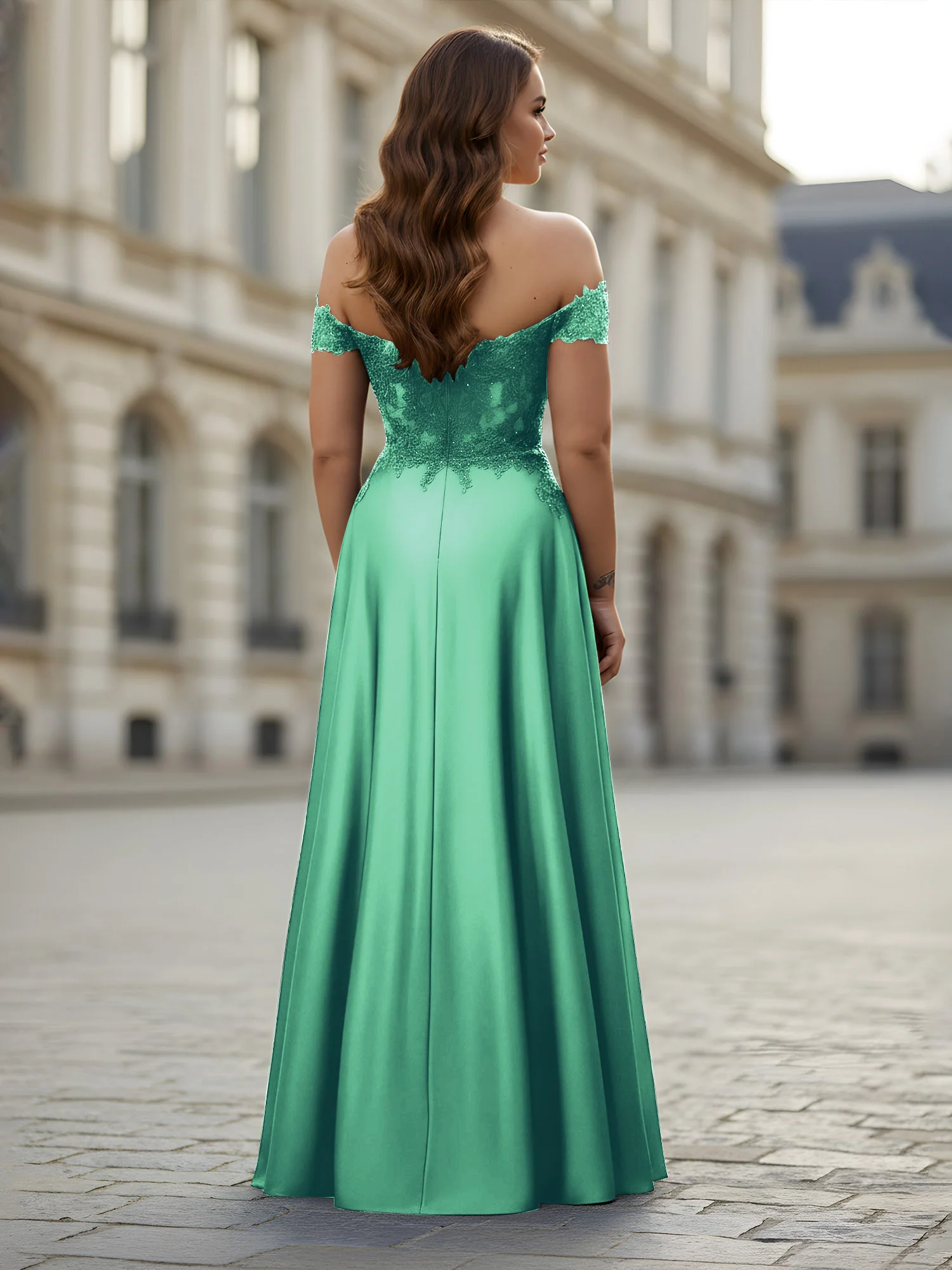 Off-the-shoulder Applique Bodice A-Line Long Dress Turquoise - Image 2