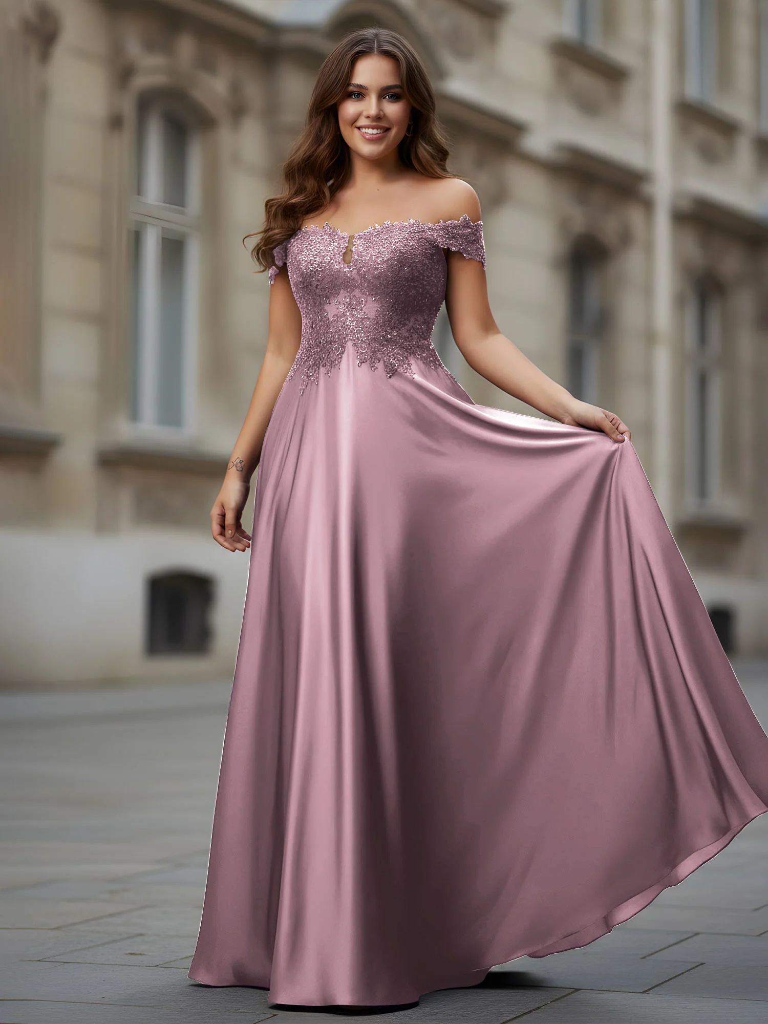 Off-the-shoulder Applique Bodice A-Line Long Dress Vintage Mauve