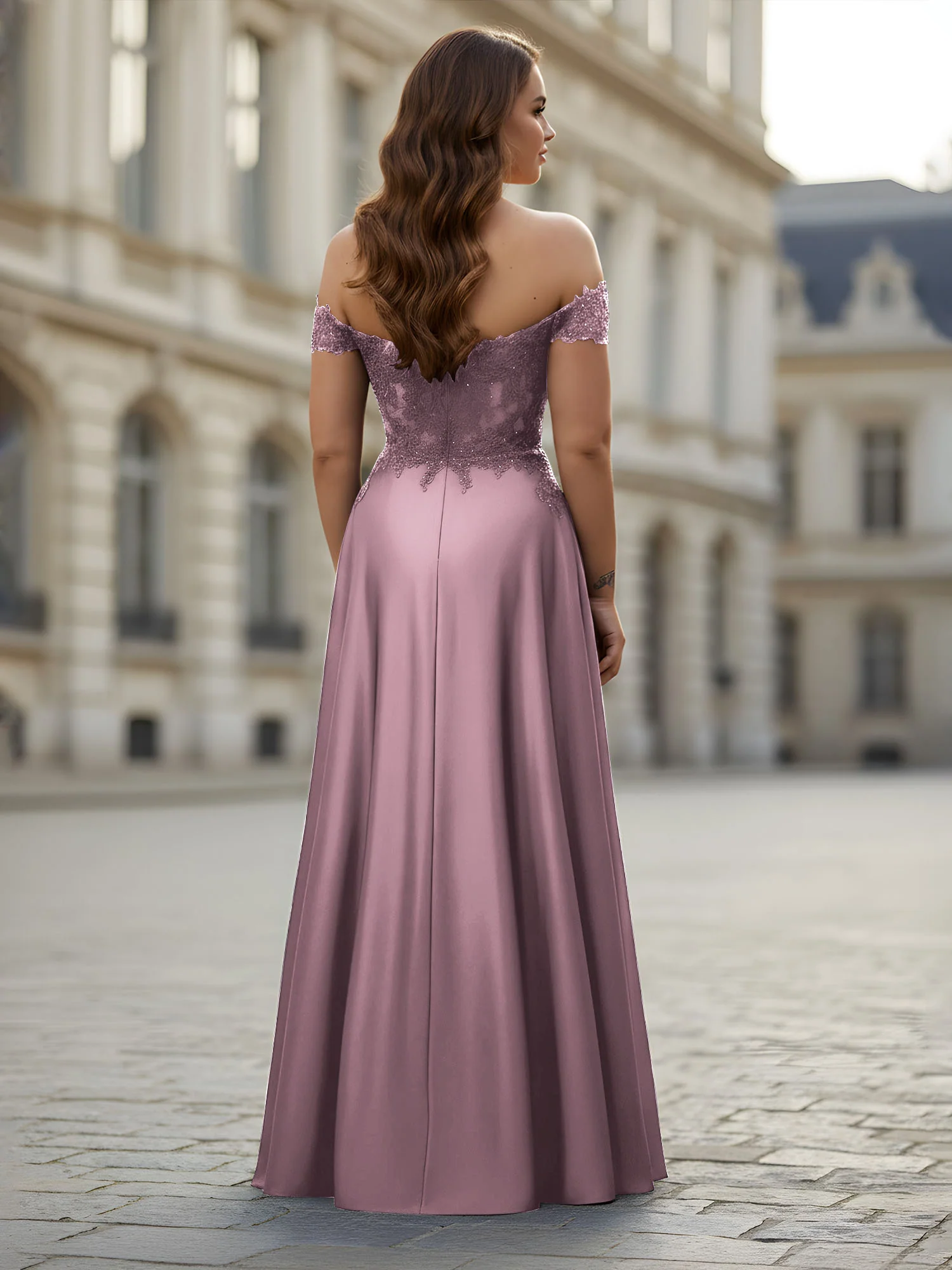 Off-the-shoulder Applique Bodice A-Line Long Dress Vintage Mauve - Image 2