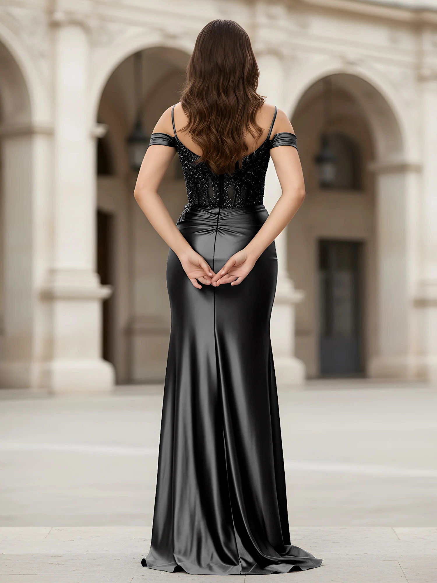 Off-the-shoulder Applique Corset Sheath Gown With Slit Black - Image 2