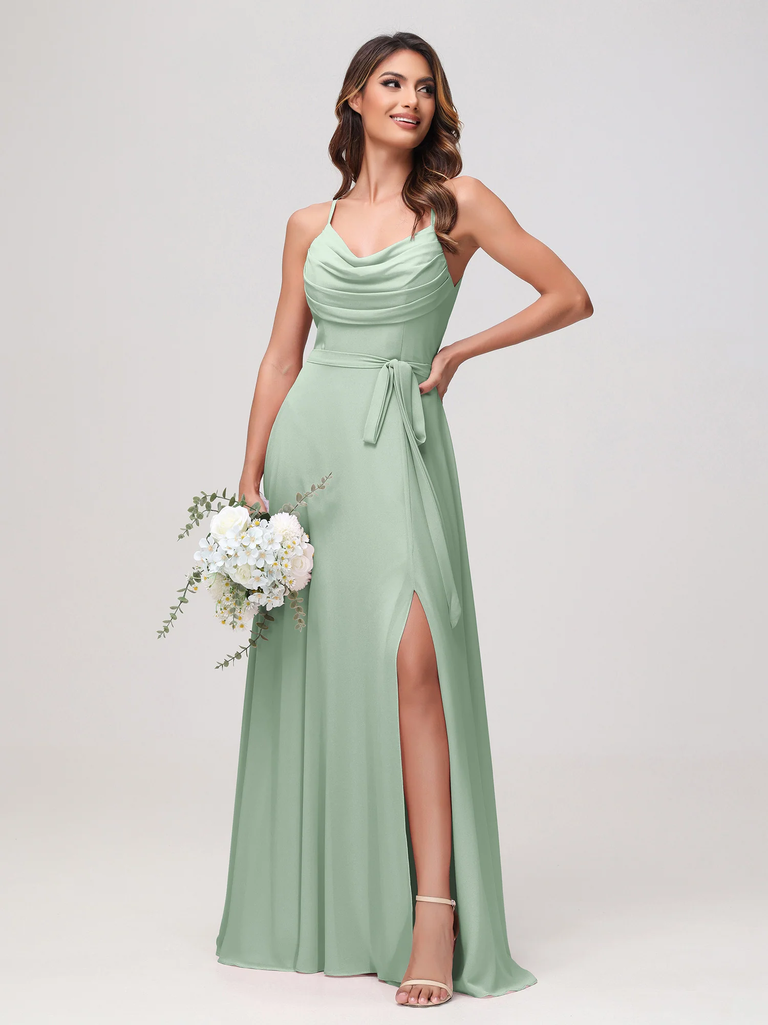 Sexy Cowl Neck Ruched Chiffon Long Dress with Slit Agave
