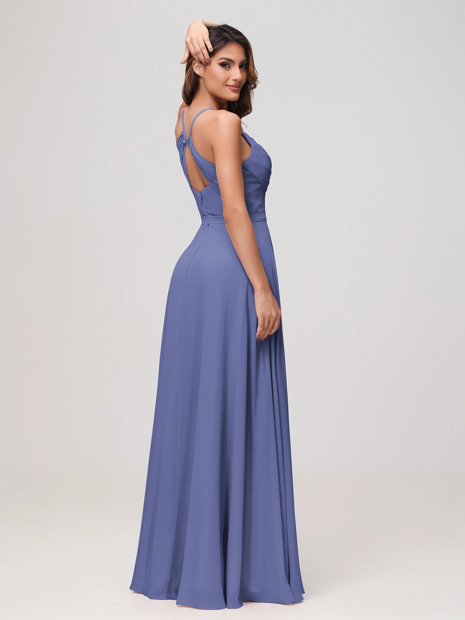 Sexy Cowl Neck Ruched Chiffon Long Dress with Slit Periwinkle - Image 2