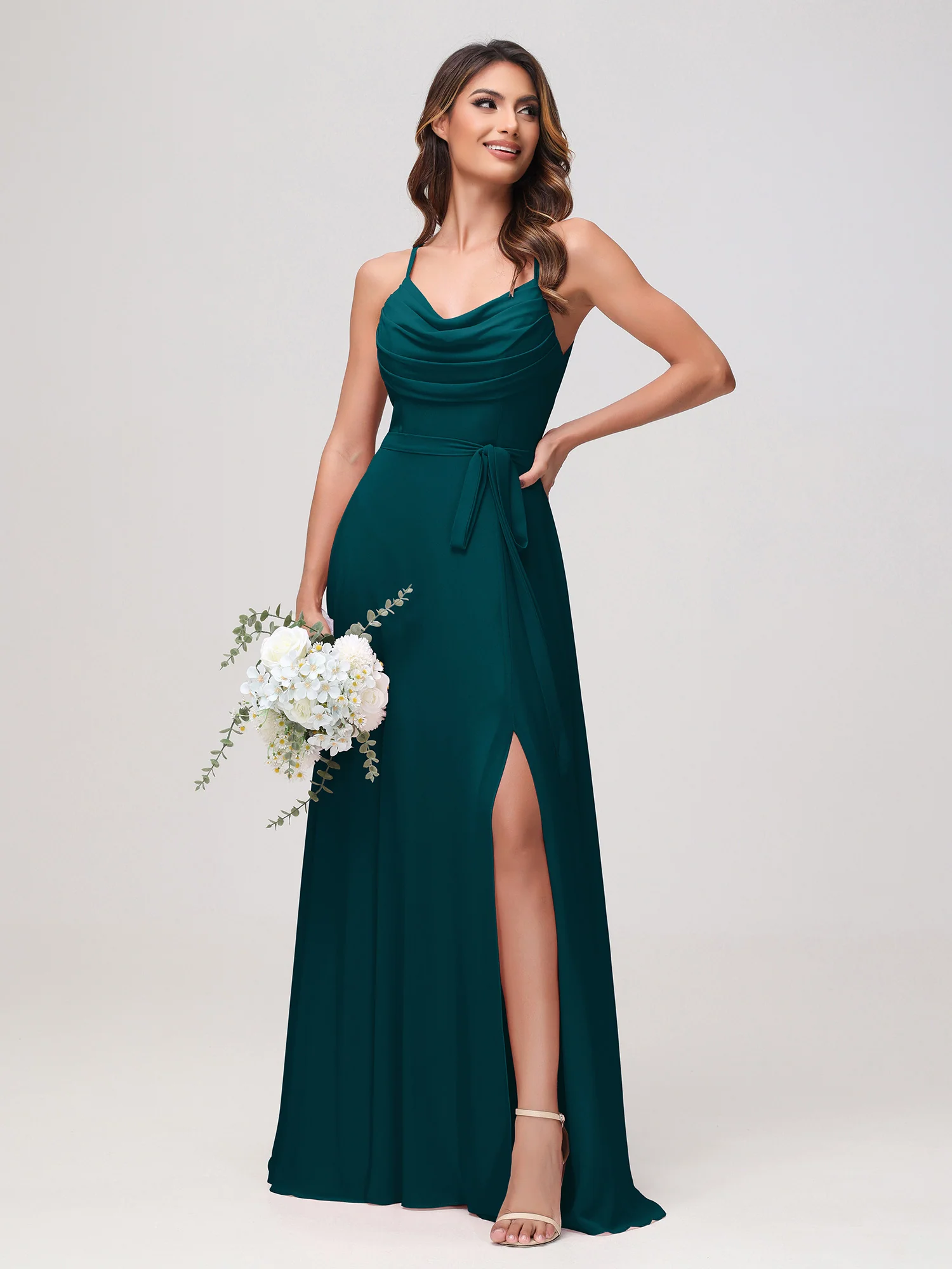 Sexy Cowl Neck Ruched Chiffon Long Dress with Slit Pine