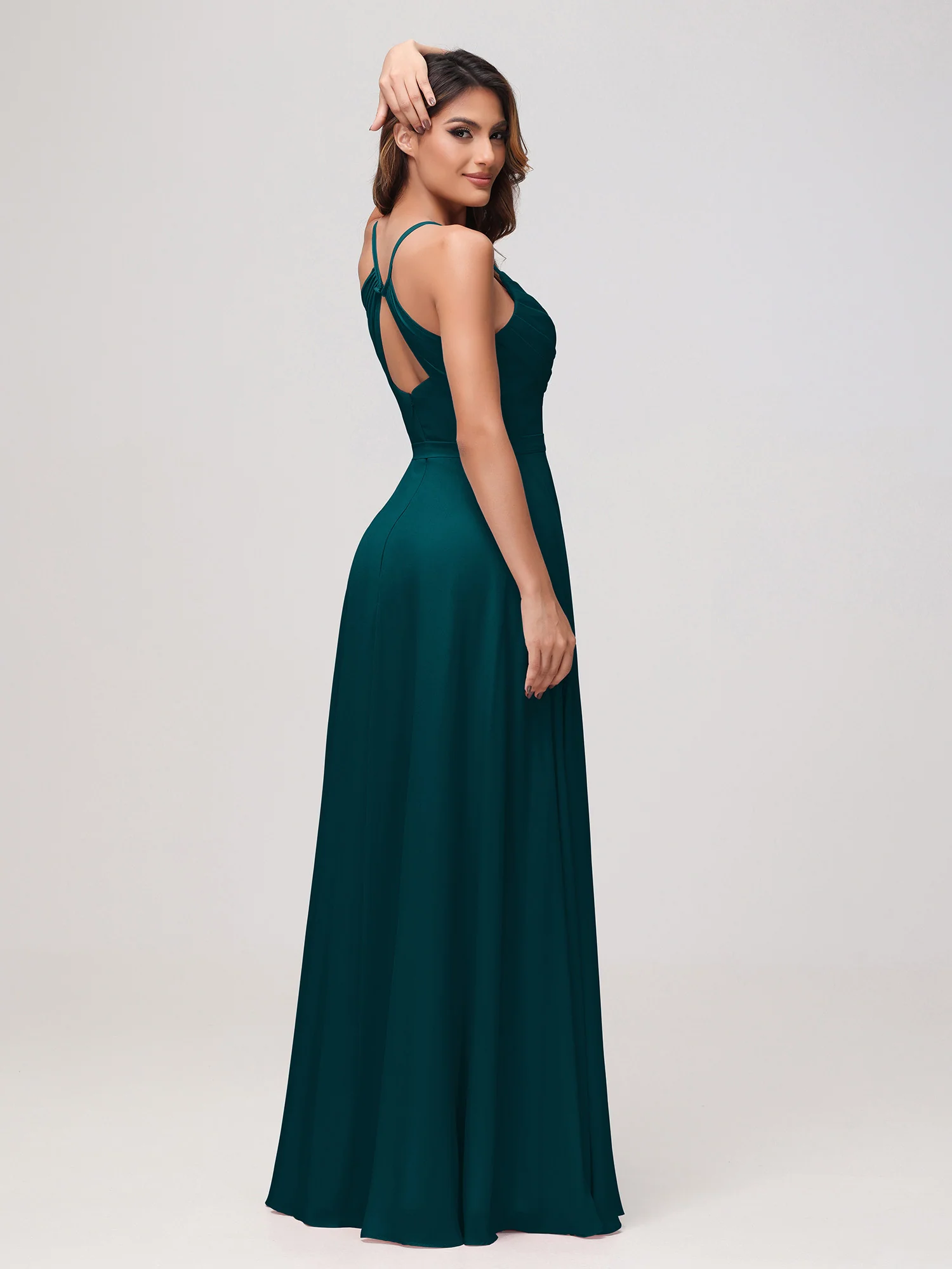 Sexy Cowl Neck Ruched Chiffon Long Dress with Slit Pine - Image 2
