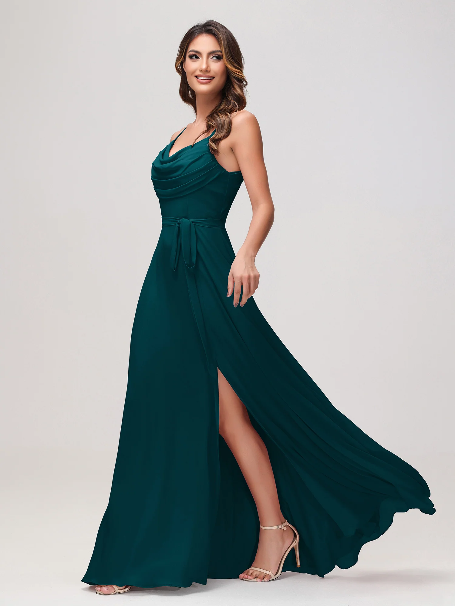 Sexy Cowl Neck Ruched Chiffon Long Dress with Slit Pine - Image 3