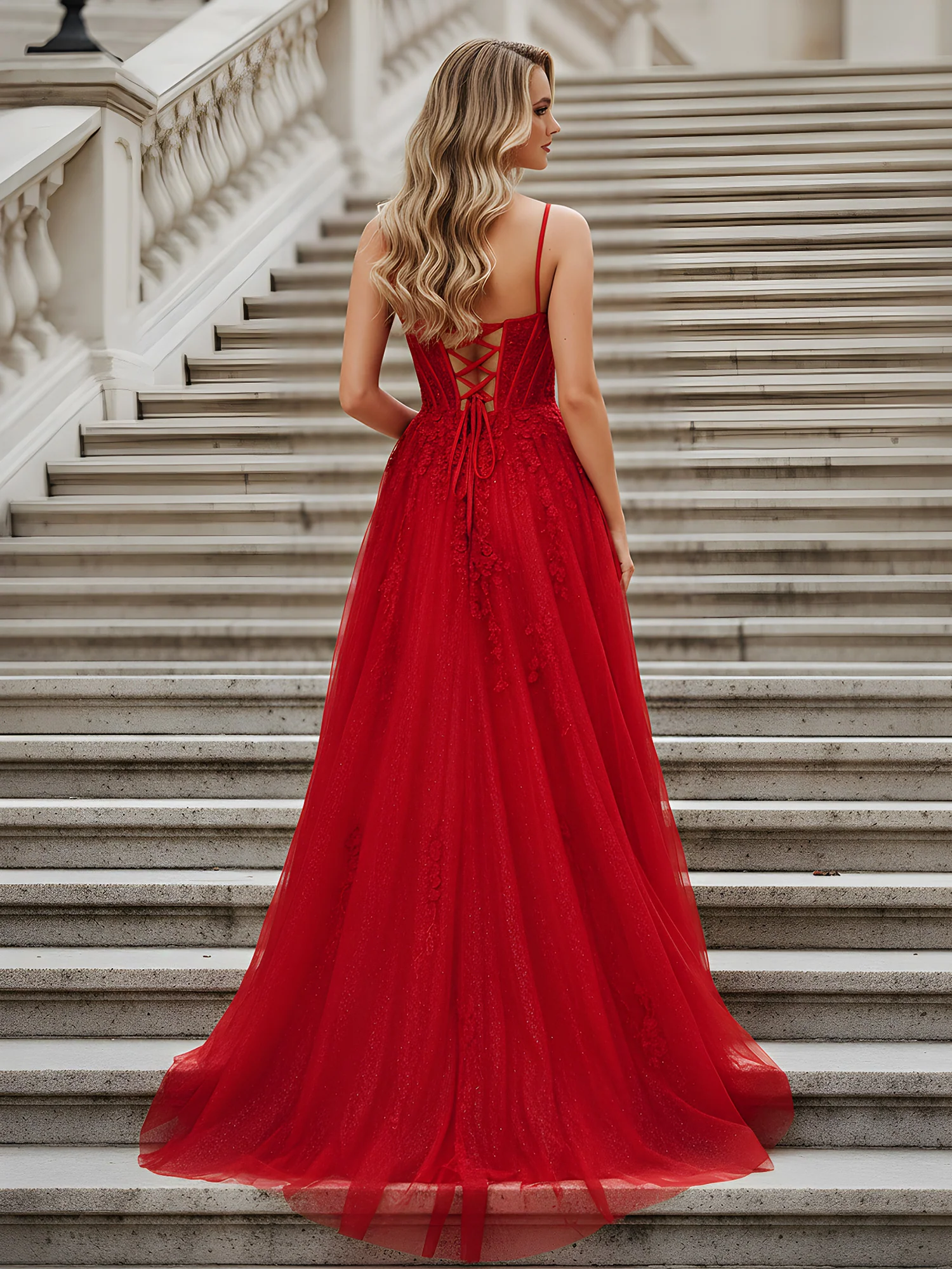 A-Line Sweetheart Neck Applique Sequins Tulle Dress Red - Image 2