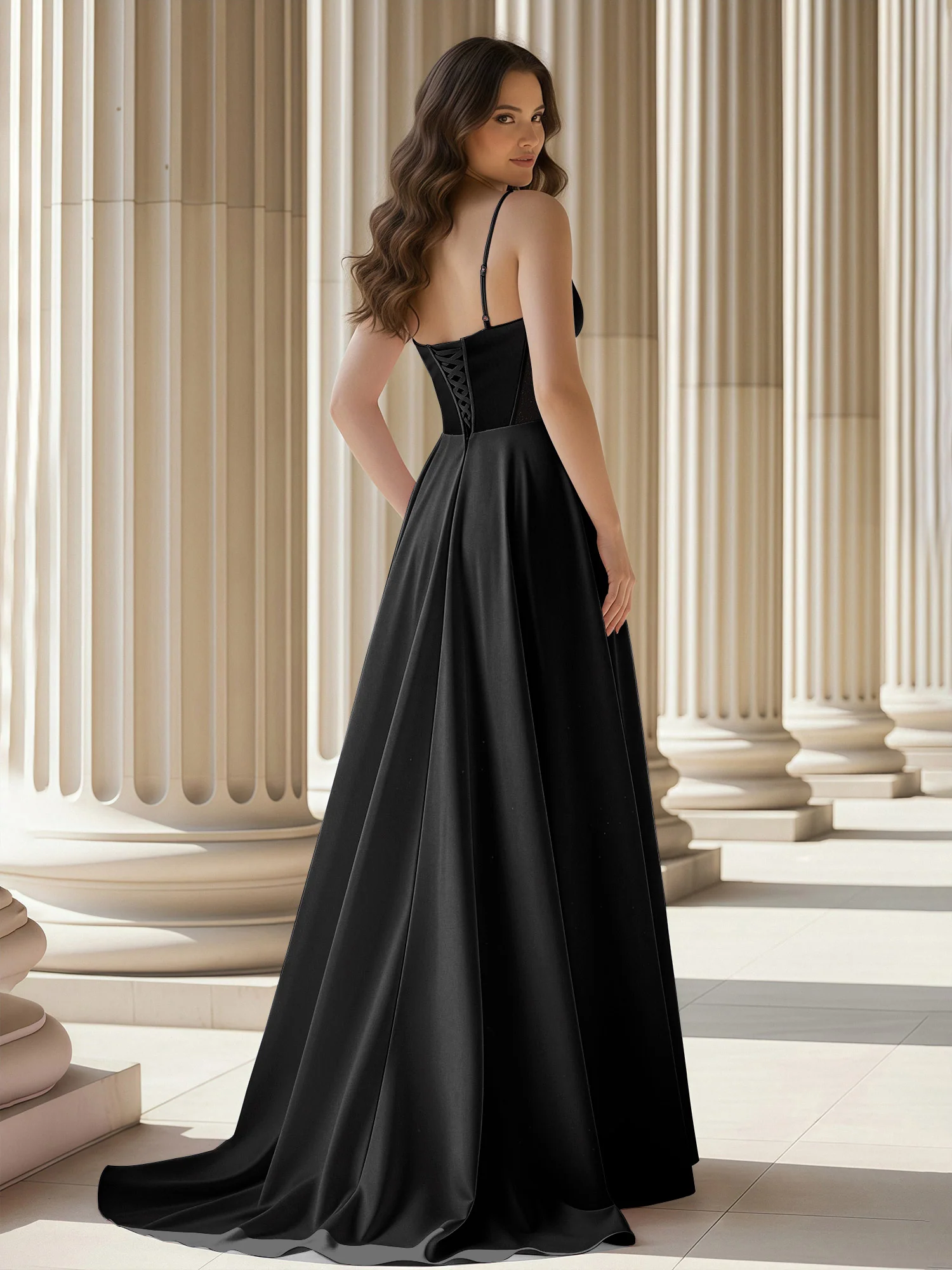 Pleated Sweetheart Neck A-Line Satin Sweep Train Gown Black - Image 2