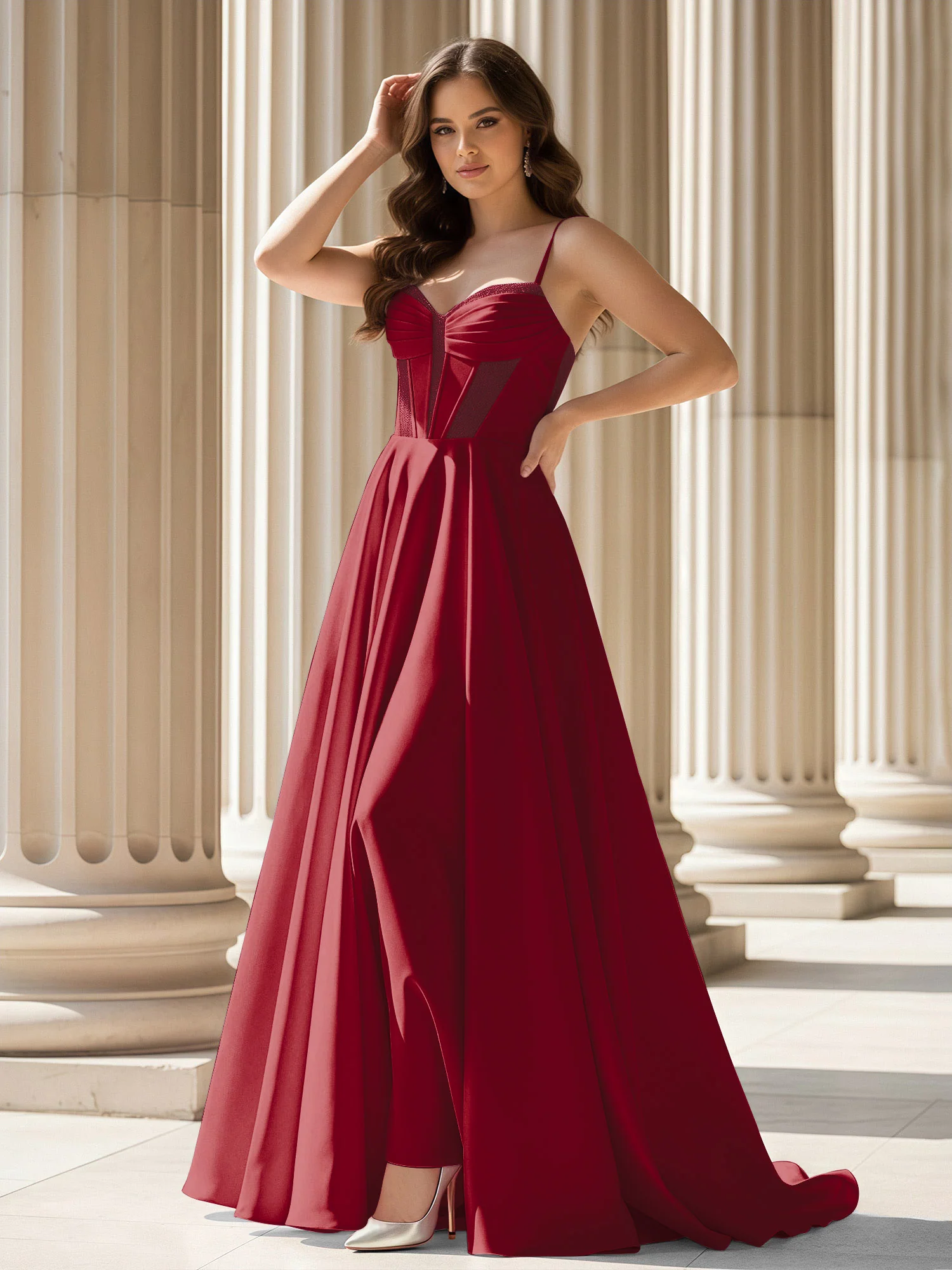 Pleated Sweetheart Neck A-Line Satin Sweep Train Gown Burgundy