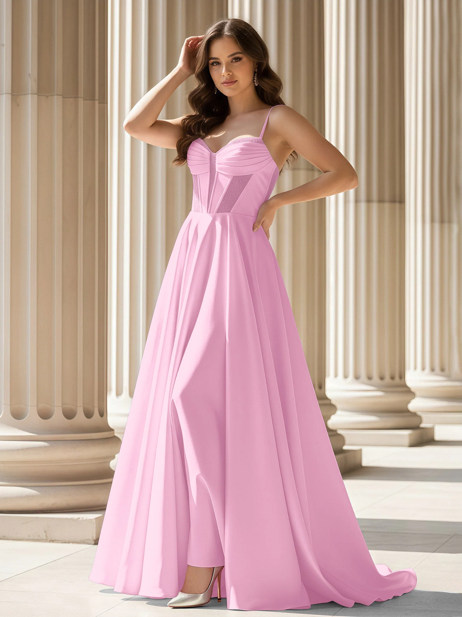 Pleated Sweetheart Neck A-Line Satin Sweep Train Gown Candy Pink