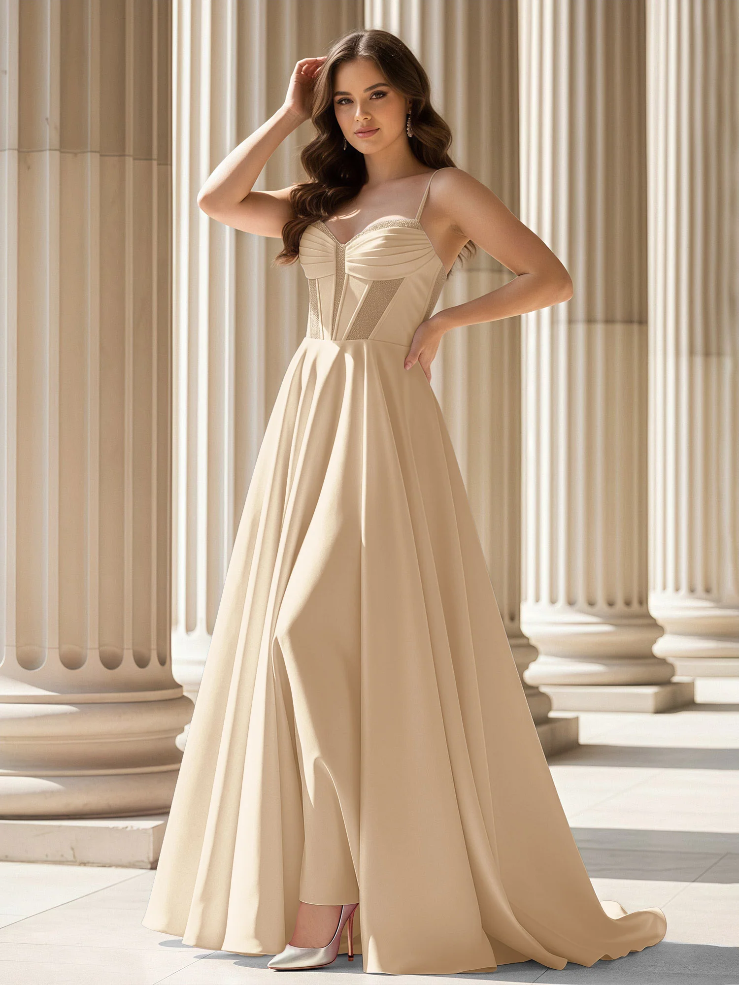 Pleated Sweetheart Neck A-Line Satin Sweep Train Gown Champagne