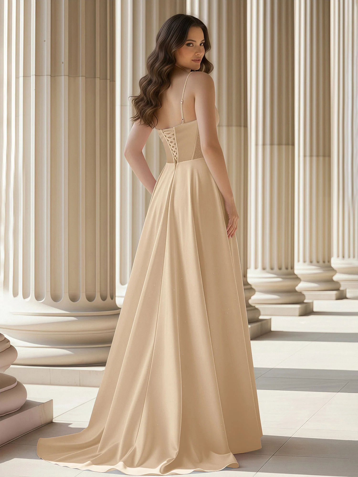 Pleated Sweetheart Neck A-Line Satin Sweep Train Gown Champagne - Image 2