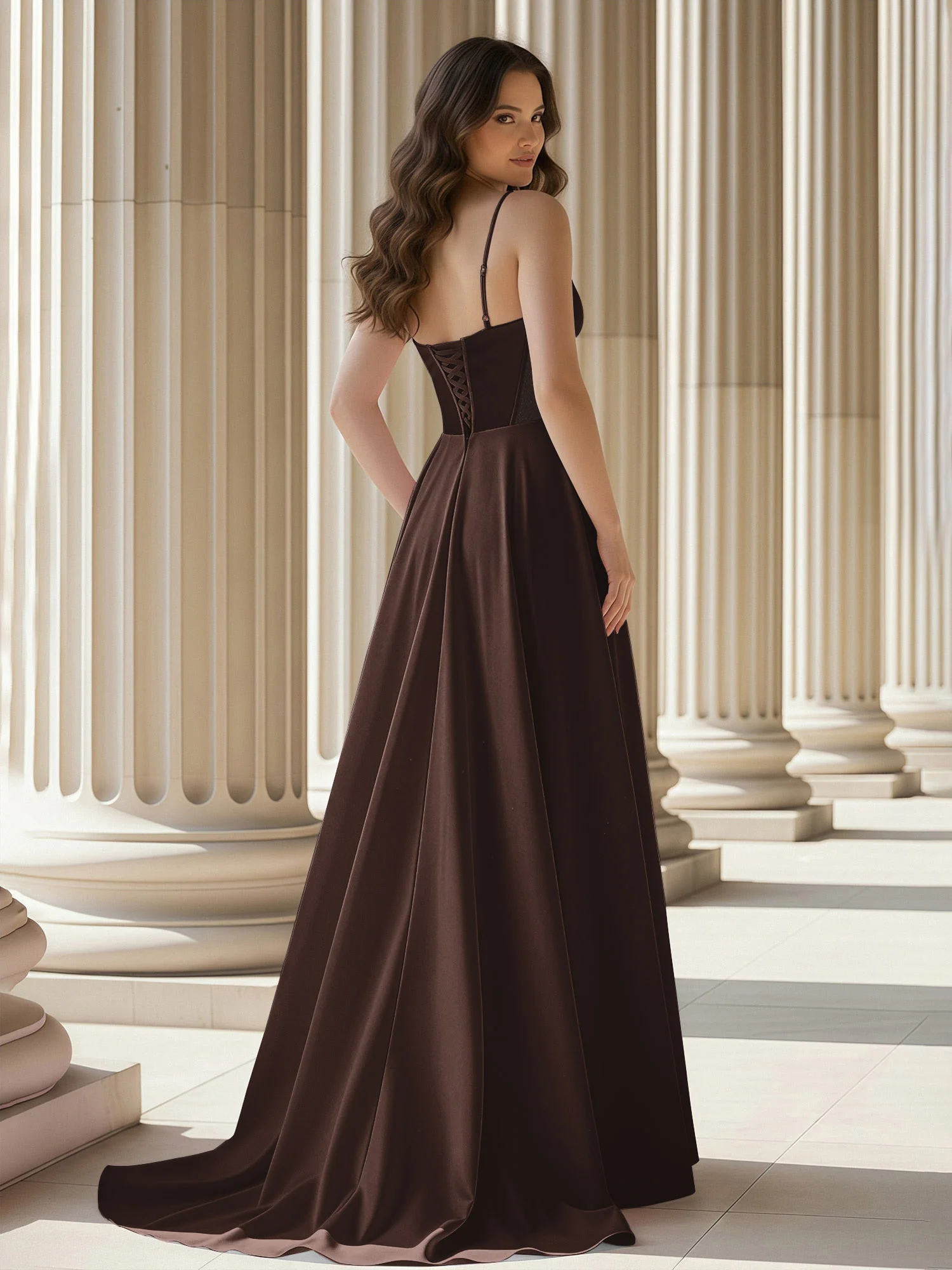 Pleated Sweetheart Neck A-Line Satin Sweep Train Gown Chocolate - Image 2