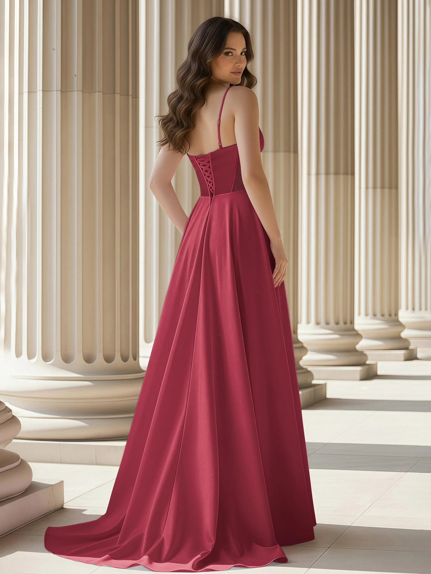 Pleated Sweetheart Neck A-Line Satin Sweep Train Gown Cinnamon Rose - Image 2