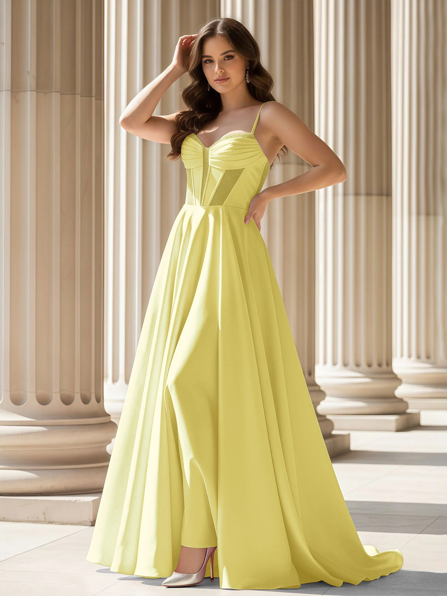Pleated Sweetheart Neck A-Line Satin Sweep Train Gown Daffodil
