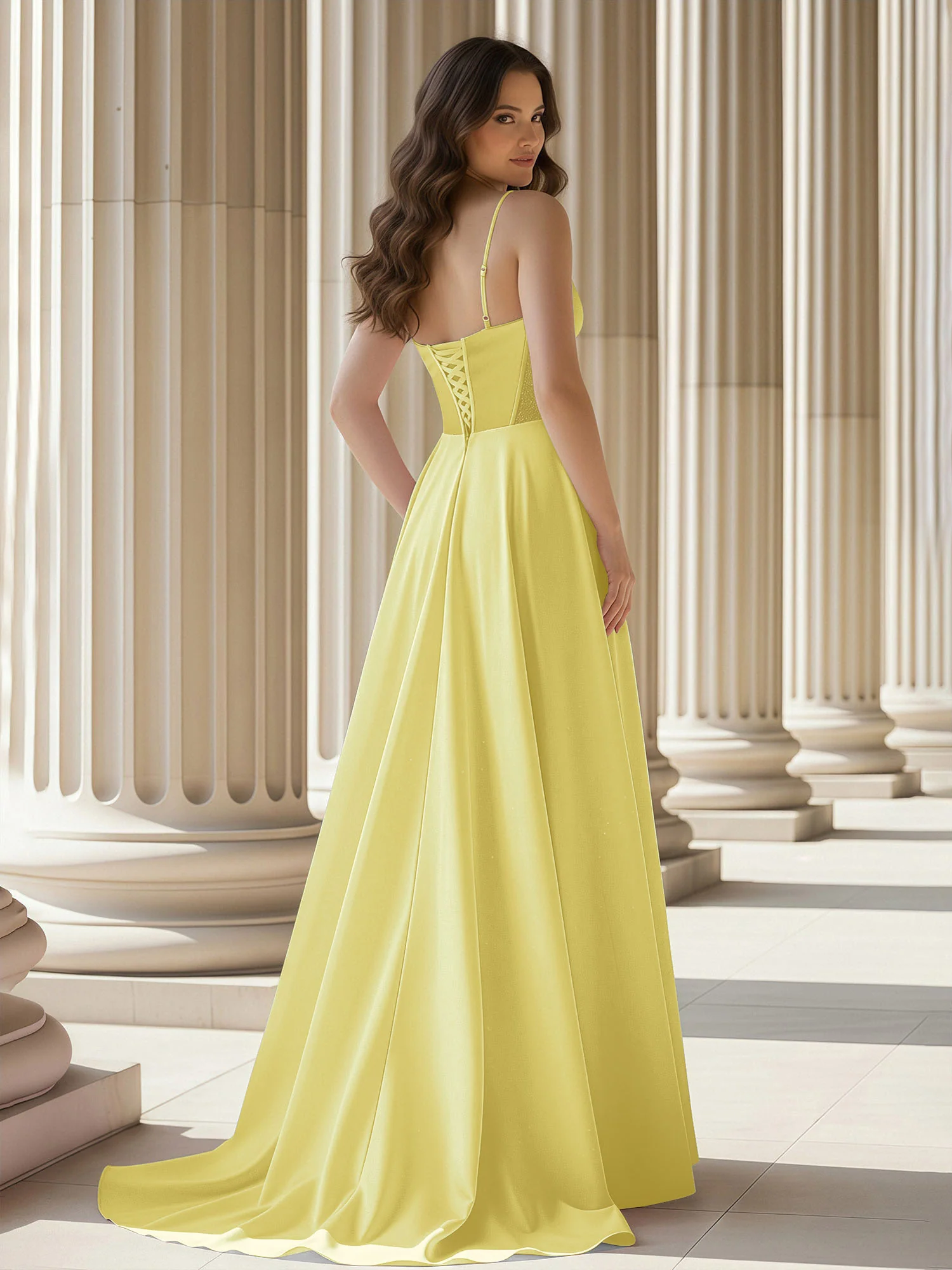Pleated Sweetheart Neck A-Line Satin Sweep Train Gown Daffodil - Image 2
