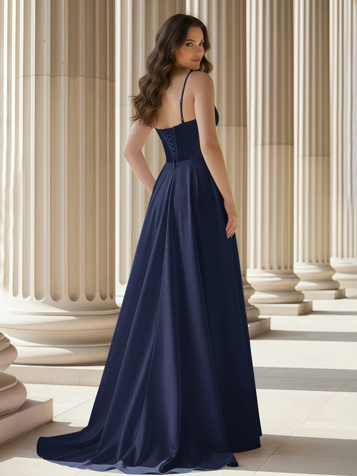 Pleated Sweetheart Neck A-Line Satin Sweep Train Gown Dark Navy - Image 2