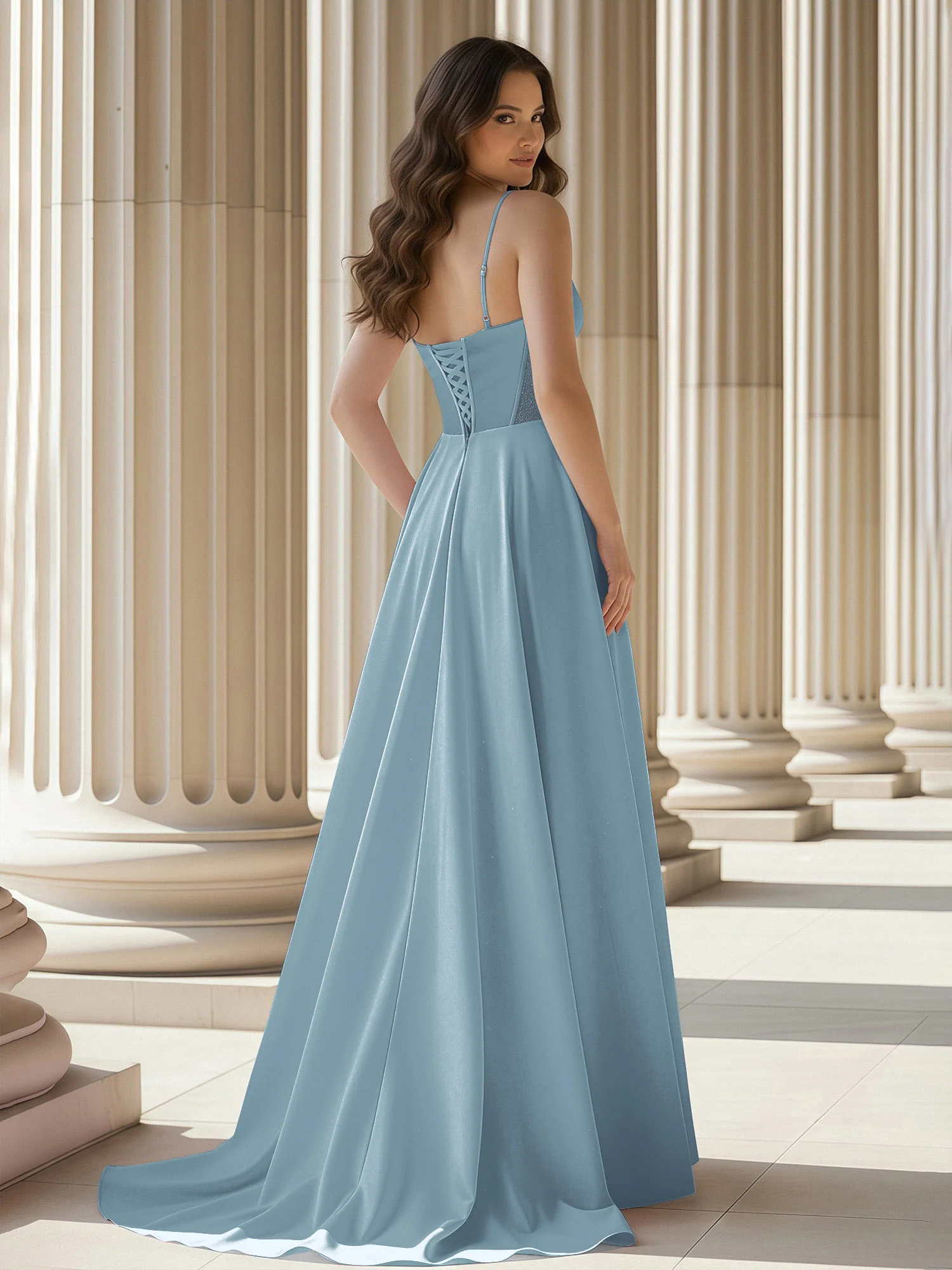 Pleated Sweetheart Neck A-Line Satin Sweep Train Gown Dusty Blue - Image 2