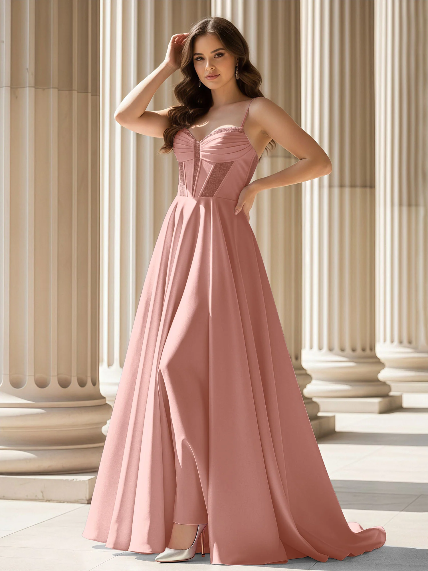 Pleated Sweetheart Neck A-Line Satin Sweep Train Gown Dusty Rose