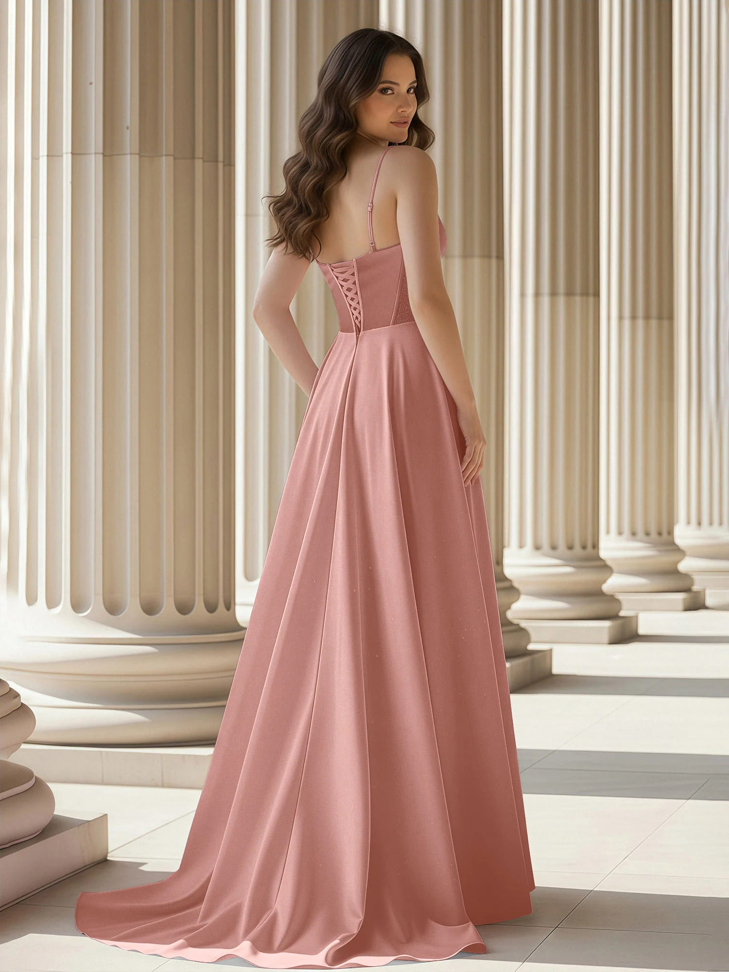 Pleated Sweetheart Neck A-Line Satin Sweep Train Gown Dusty Rose - Image 2