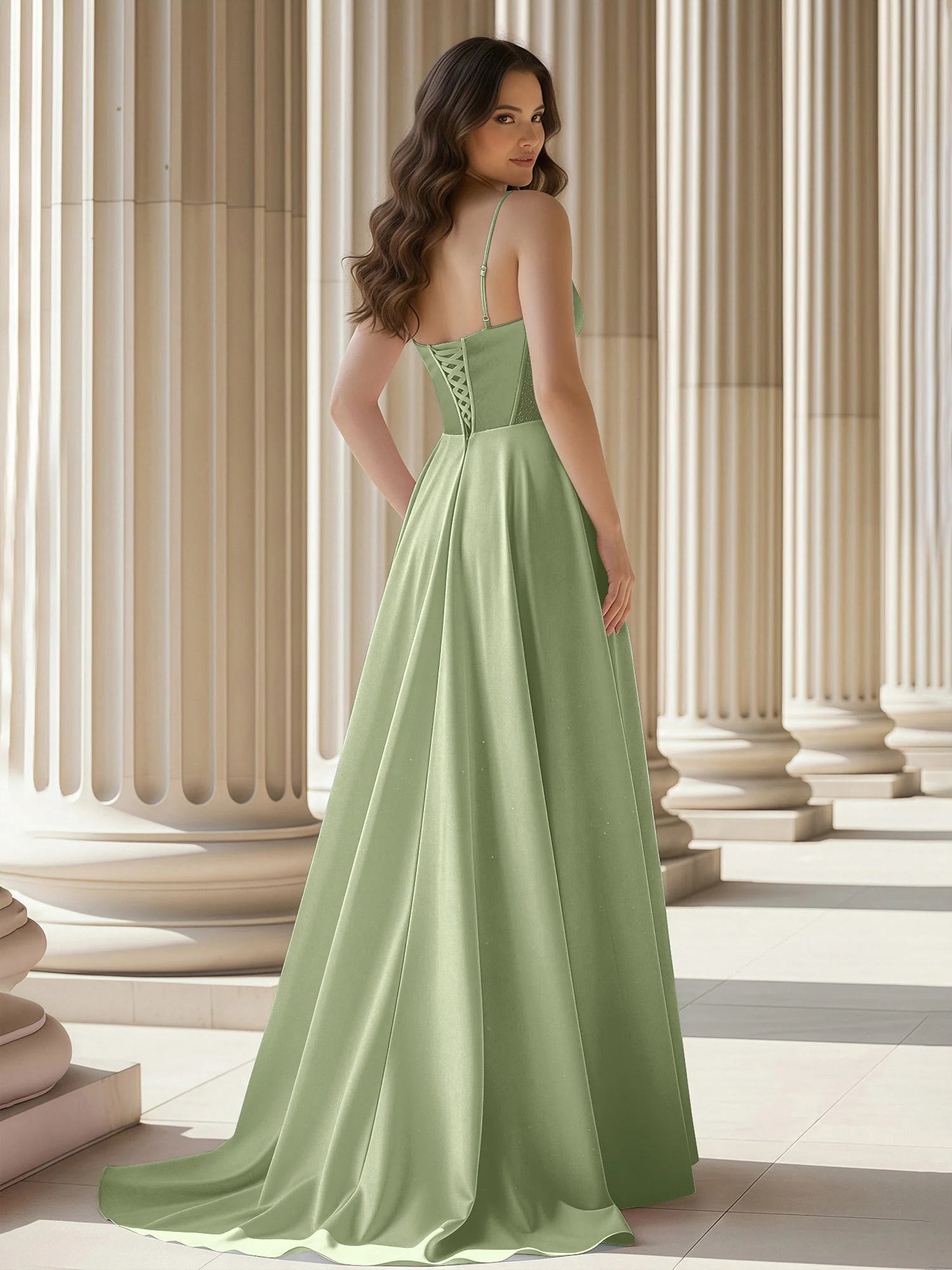 Pleated Sweetheart Neck A-Line Satin Sweep Train Gown Dusty Sage - Image 2