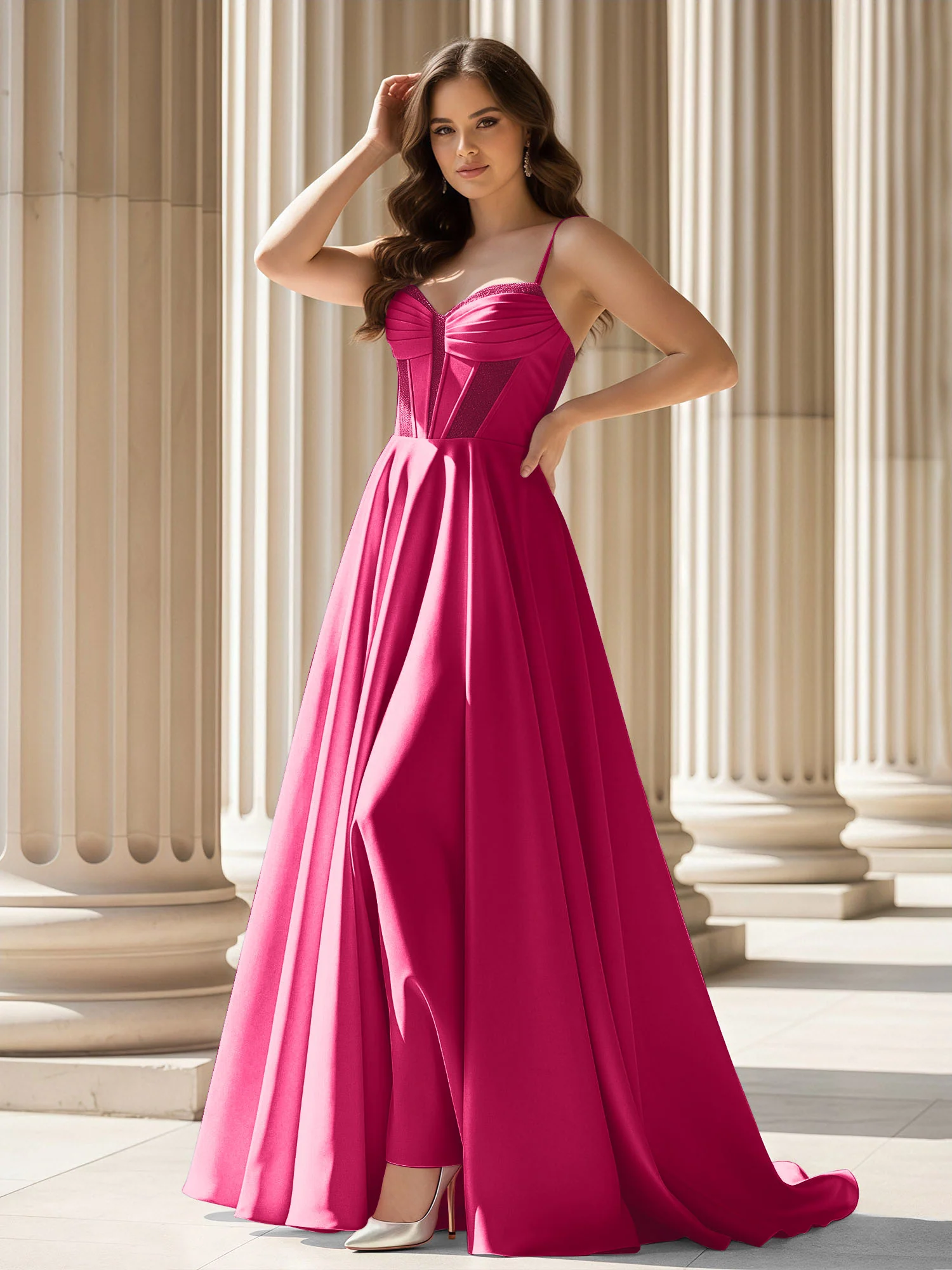 Pleated Sweetheart Neck A-Line Satin Sweep Train Gown Fuchsia