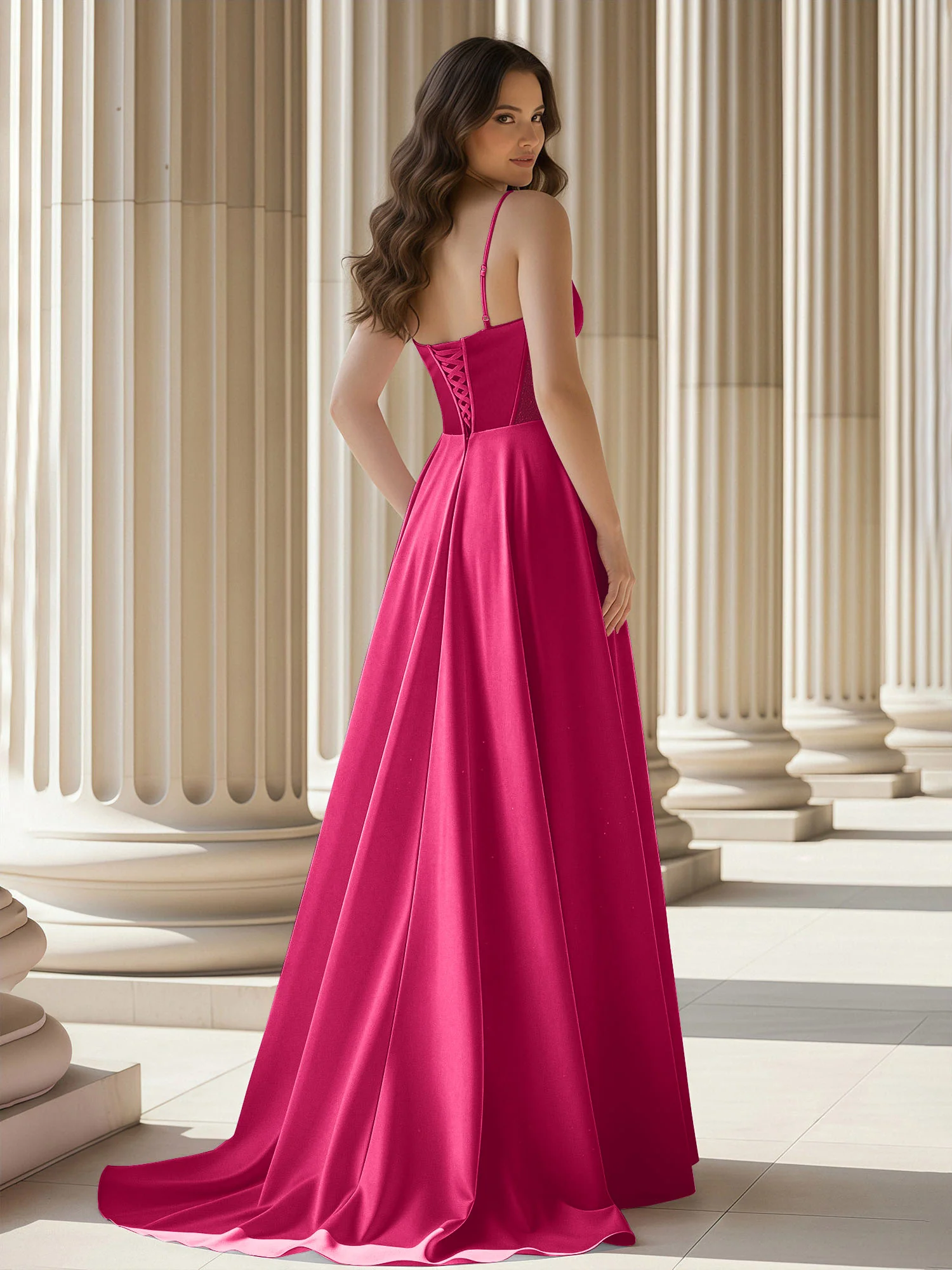 Pleated Sweetheart Neck A-Line Satin Sweep Train Gown Fuchsia - Image 2