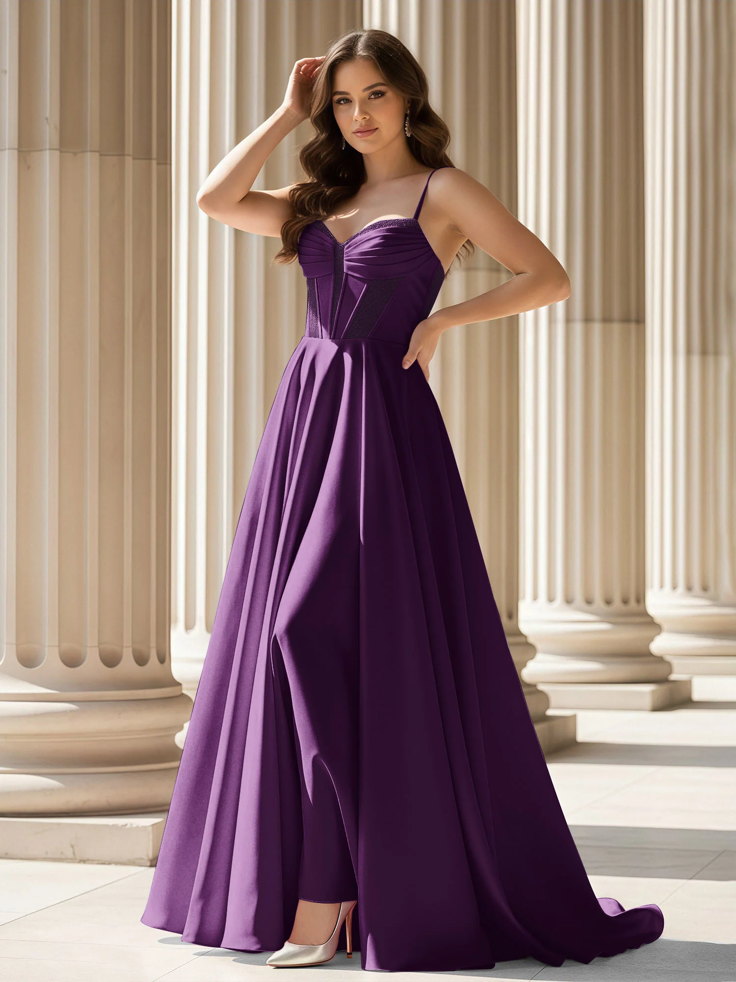 Pleated Sweetheart Neck A-Line Satin Sweep Train Gown Grape