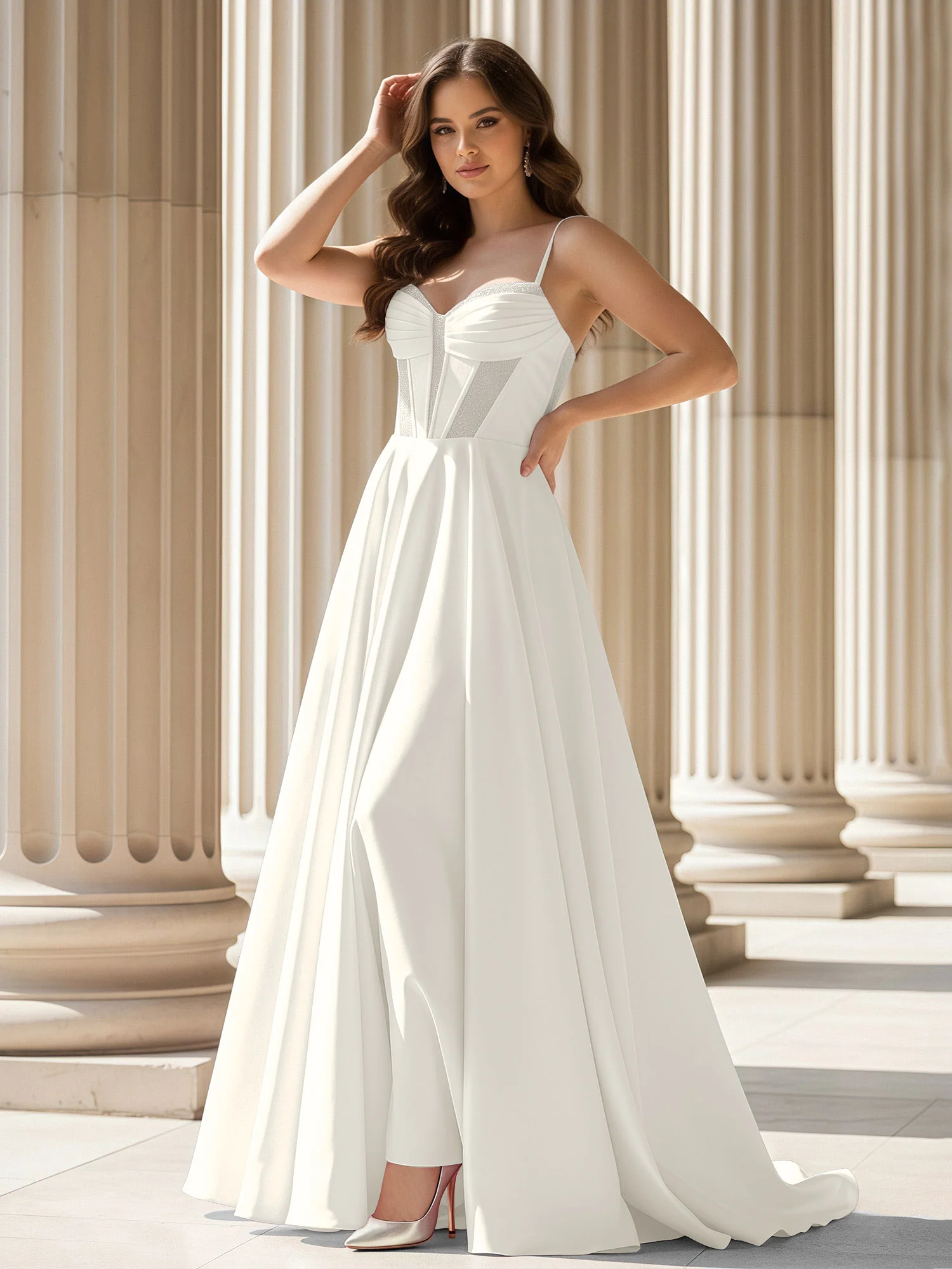 Pleated Sweetheart Neck A-Line Satin Sweep Train Gown Ivory