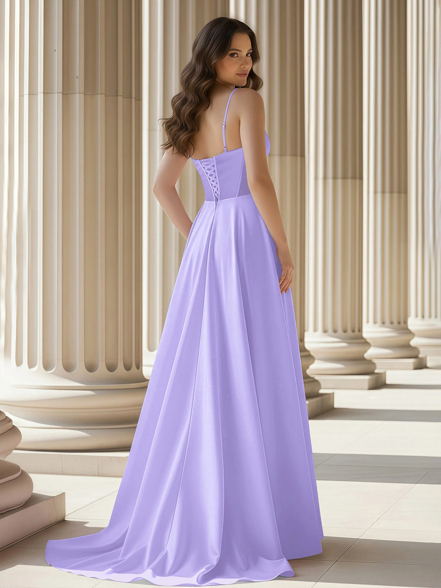 Pleated Sweetheart Neck A-Line Satin Sweep Train Gown Lilac - Image 2