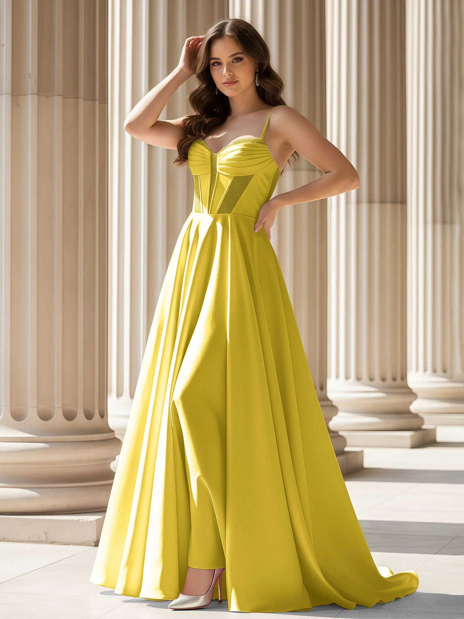 Pleated Sweetheart Neck A-Line Satin Sweep Train Gown Marigold
