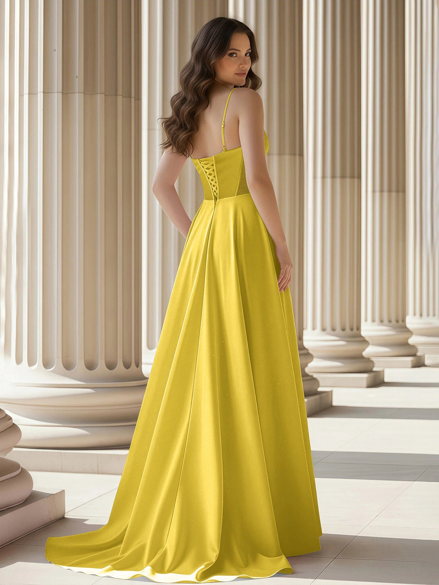 Pleated Sweetheart Neck A-Line Satin Sweep Train Gown Marigold - Image 2