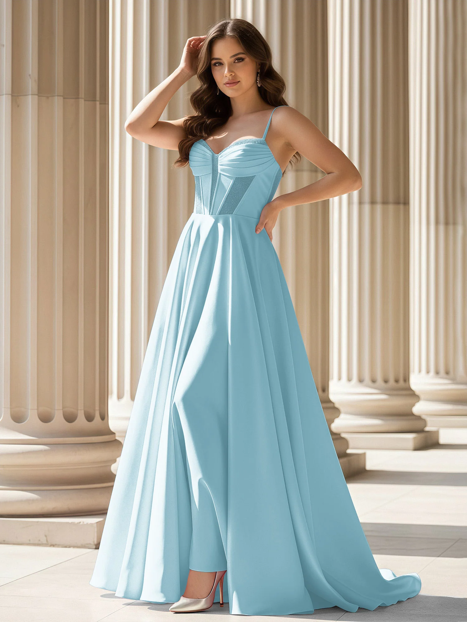 Pleated Sweetheart Neck A-Line Satin Sweep Train Gown Mist