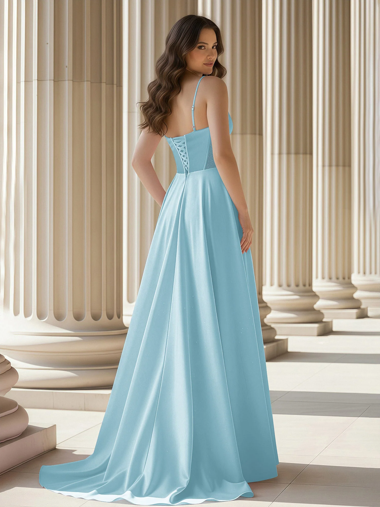 Pleated Sweetheart Neck A-Line Satin Sweep Train Gown Mist - Image 2