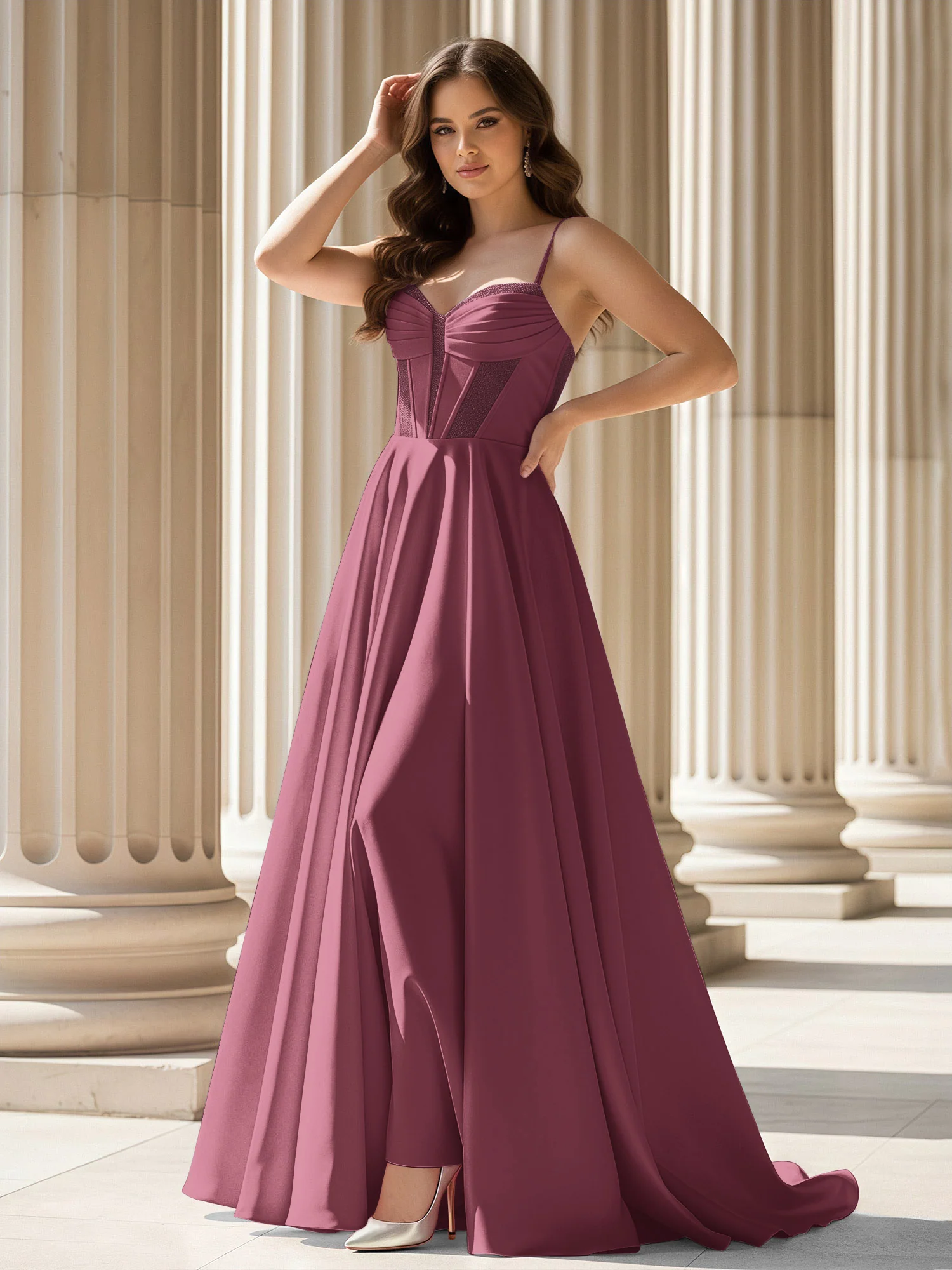 Pleated Sweetheart Neck A-Line Satin Sweep Train Gown Mulberry