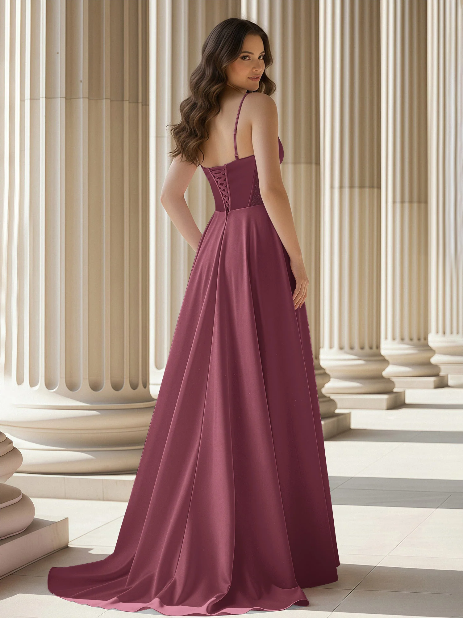 Pleated Sweetheart Neck A-Line Satin Sweep Train Gown Mulberry - Image 2
