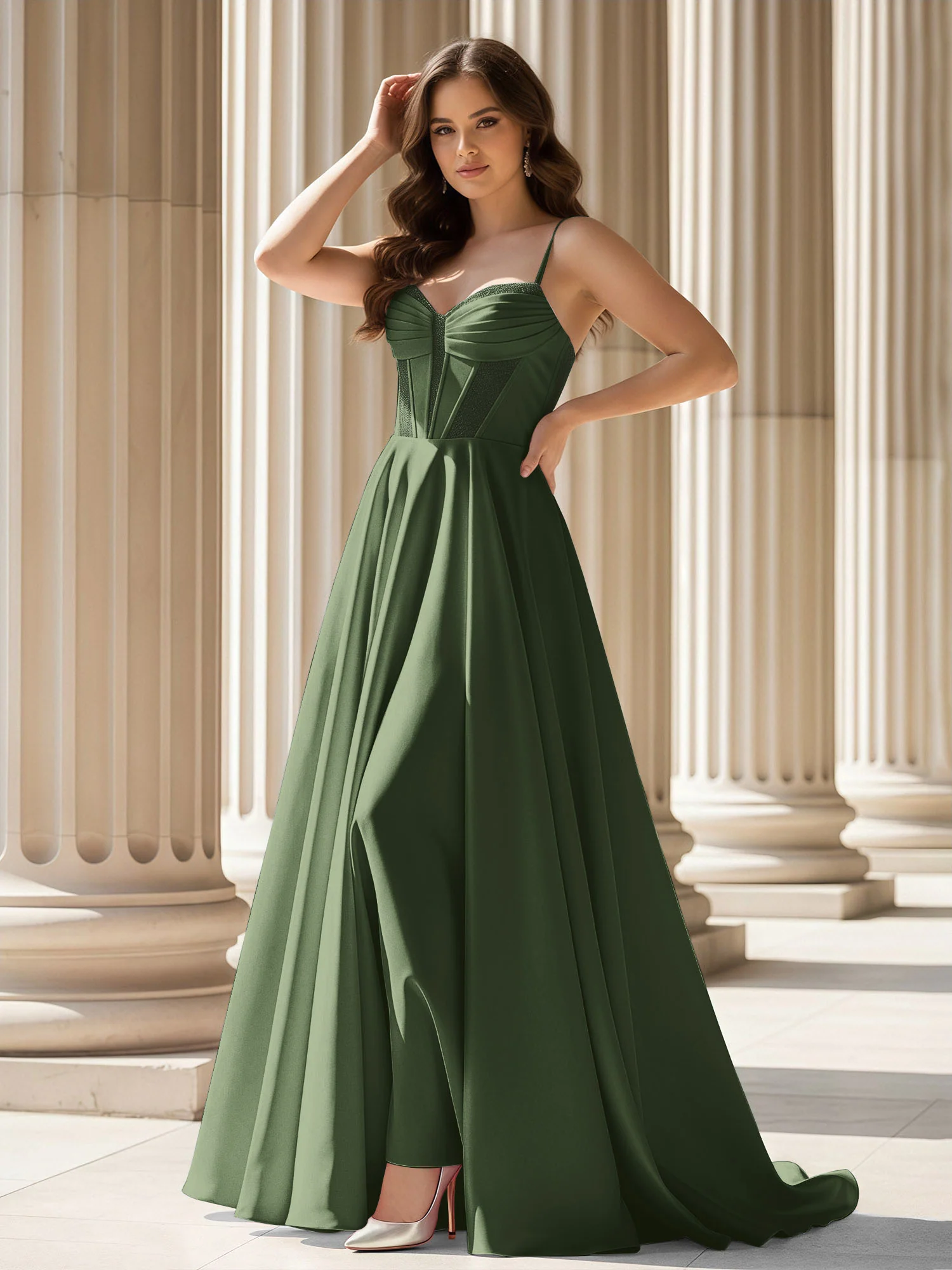 Pleated Sweetheart Neck A-Line Satin Sweep Train Gown Olive Green