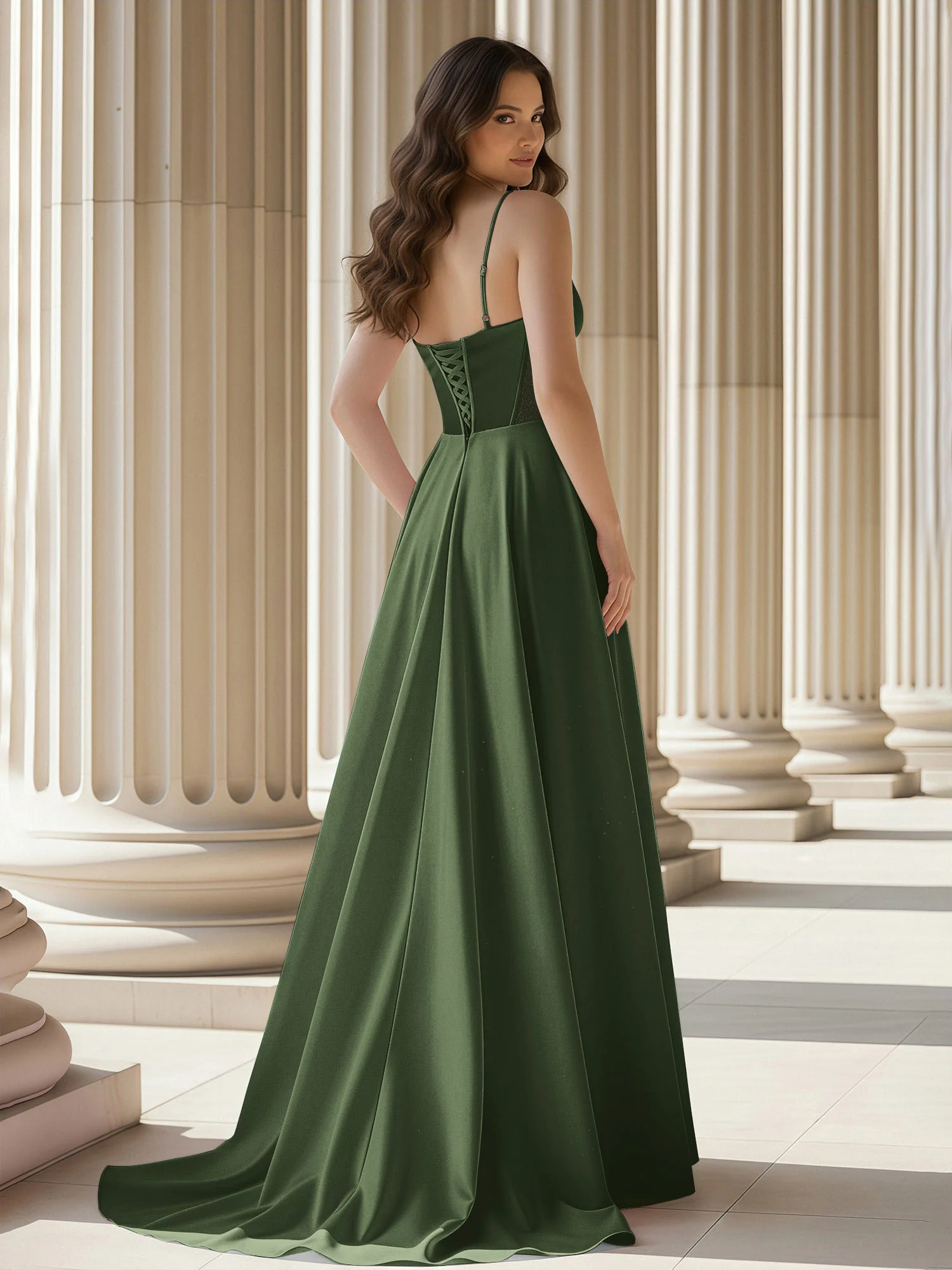 Pleated Sweetheart Neck A-Line Satin Sweep Train Gown Olive Green - Image 2