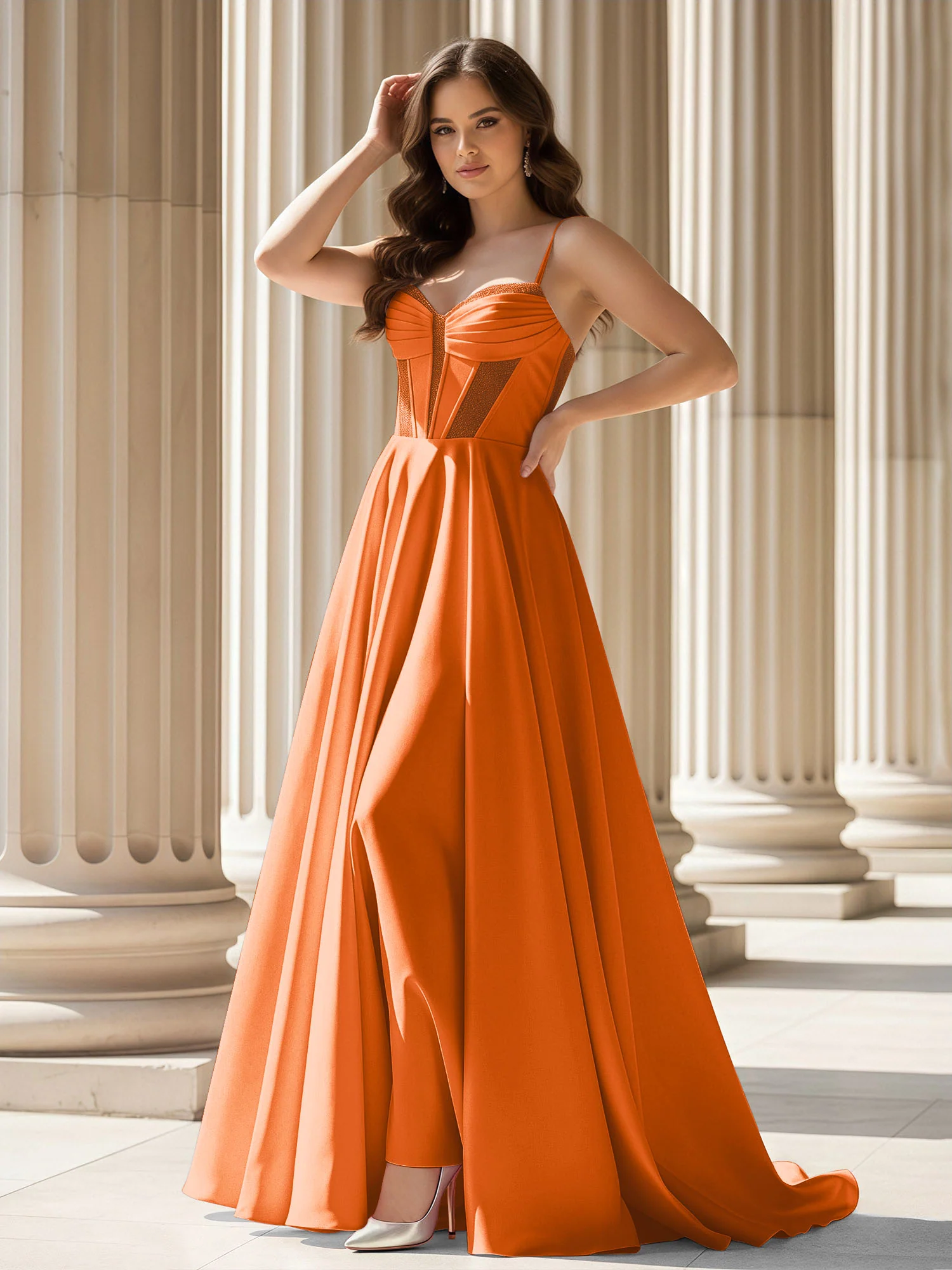 Pleated Sweetheart Neck A-Line Satin Sweep Train Gown Orange