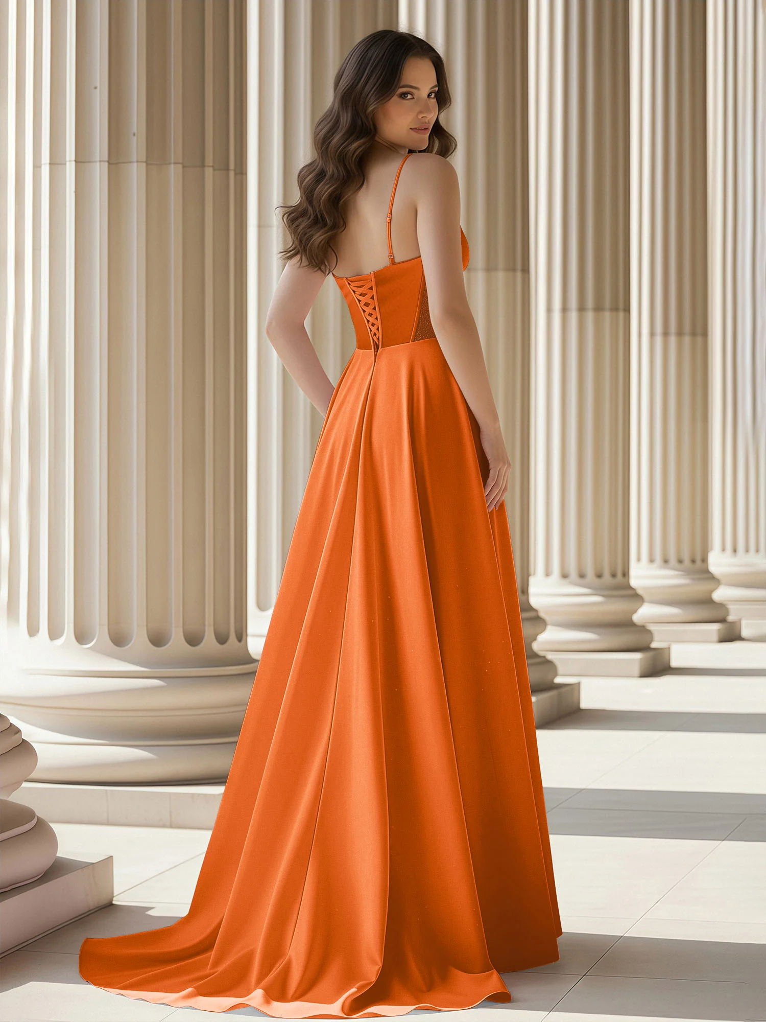 Pleated Sweetheart Neck A-Line Satin Sweep Train Gown Orange - Image 2