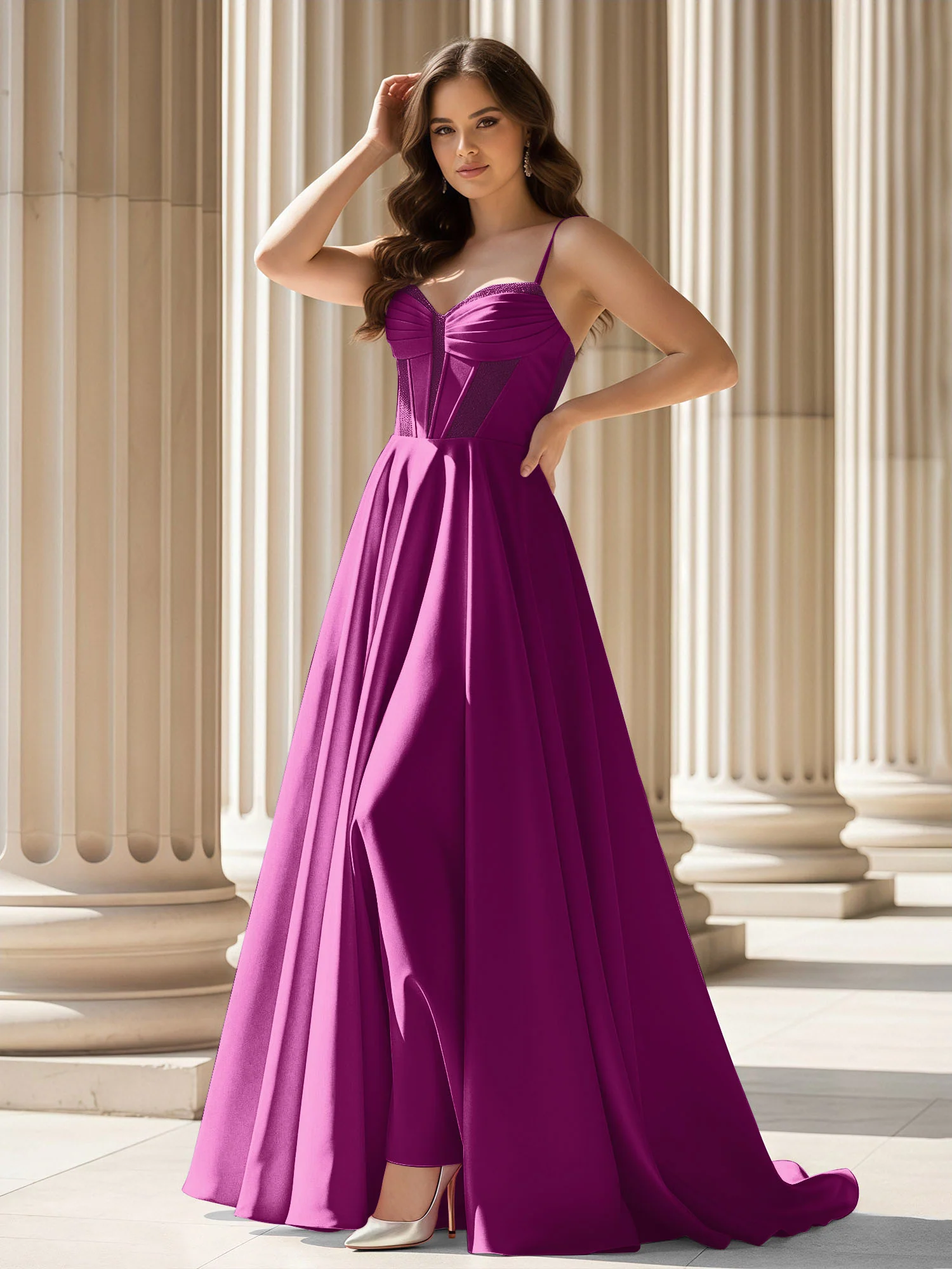 Pleated Sweetheart Neck A-Line Satin Sweep Train Gown Orchid