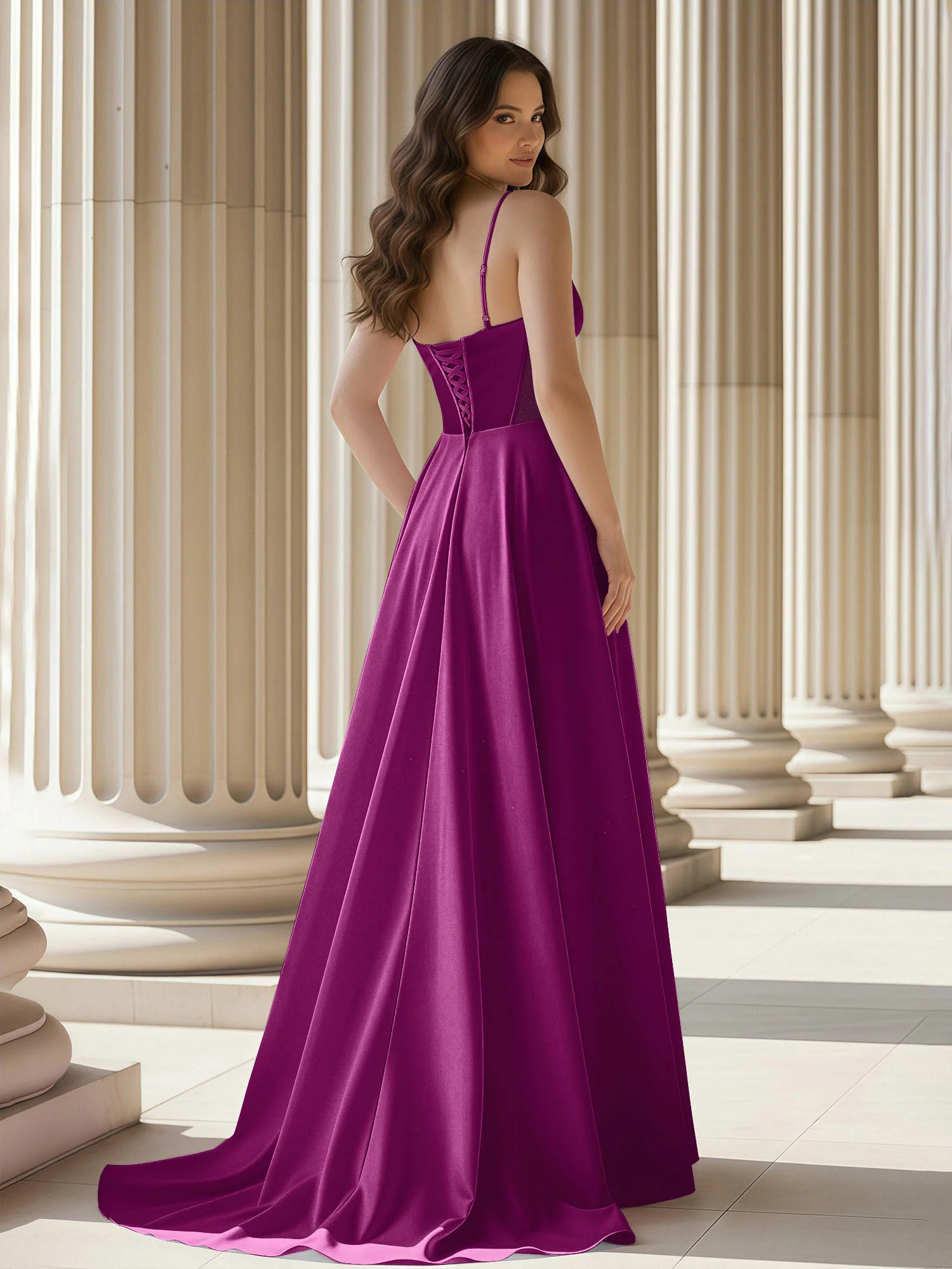 Pleated Sweetheart Neck A-Line Satin Sweep Train Gown Orchid - Image 2