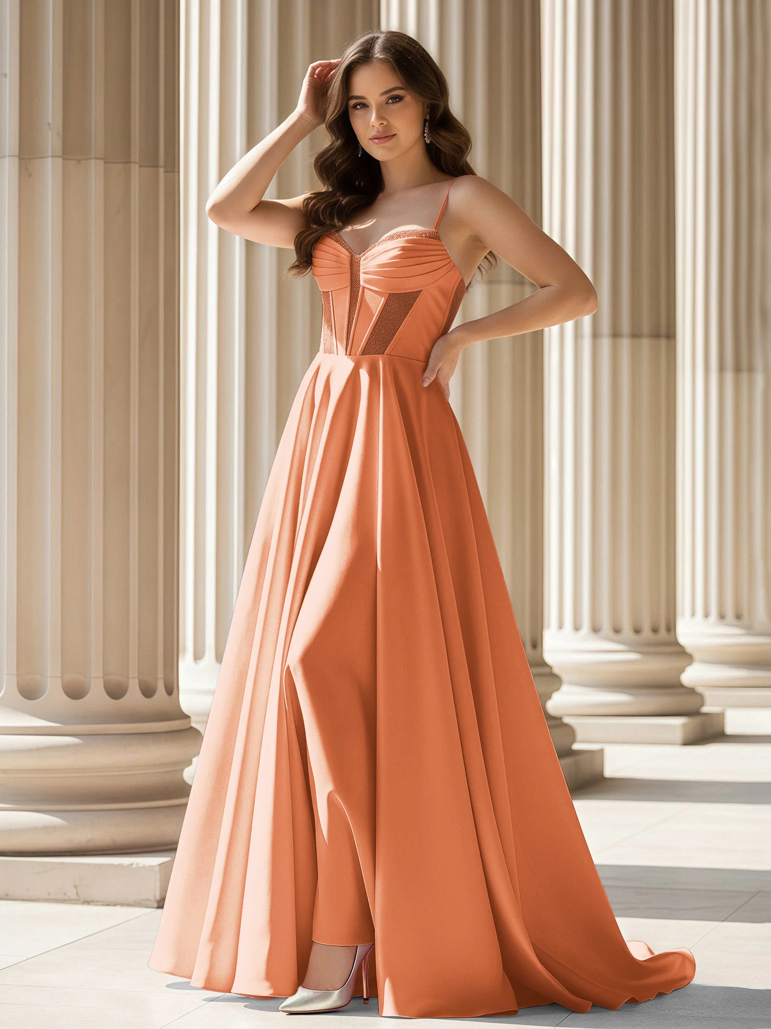 Pleated Sweetheart Neck A-Line Satin Sweep Train Gown Papaya